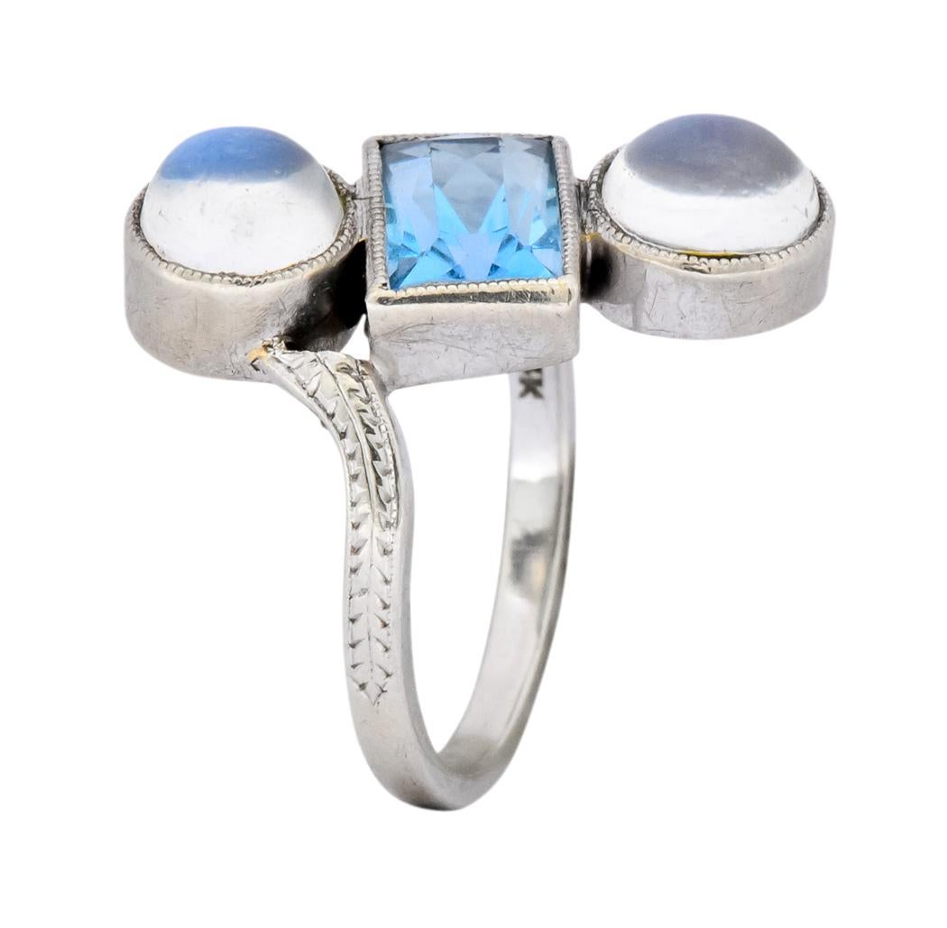 Art Nouveau Aquamarine Moonstone 14 Karat White Gold Ring 3