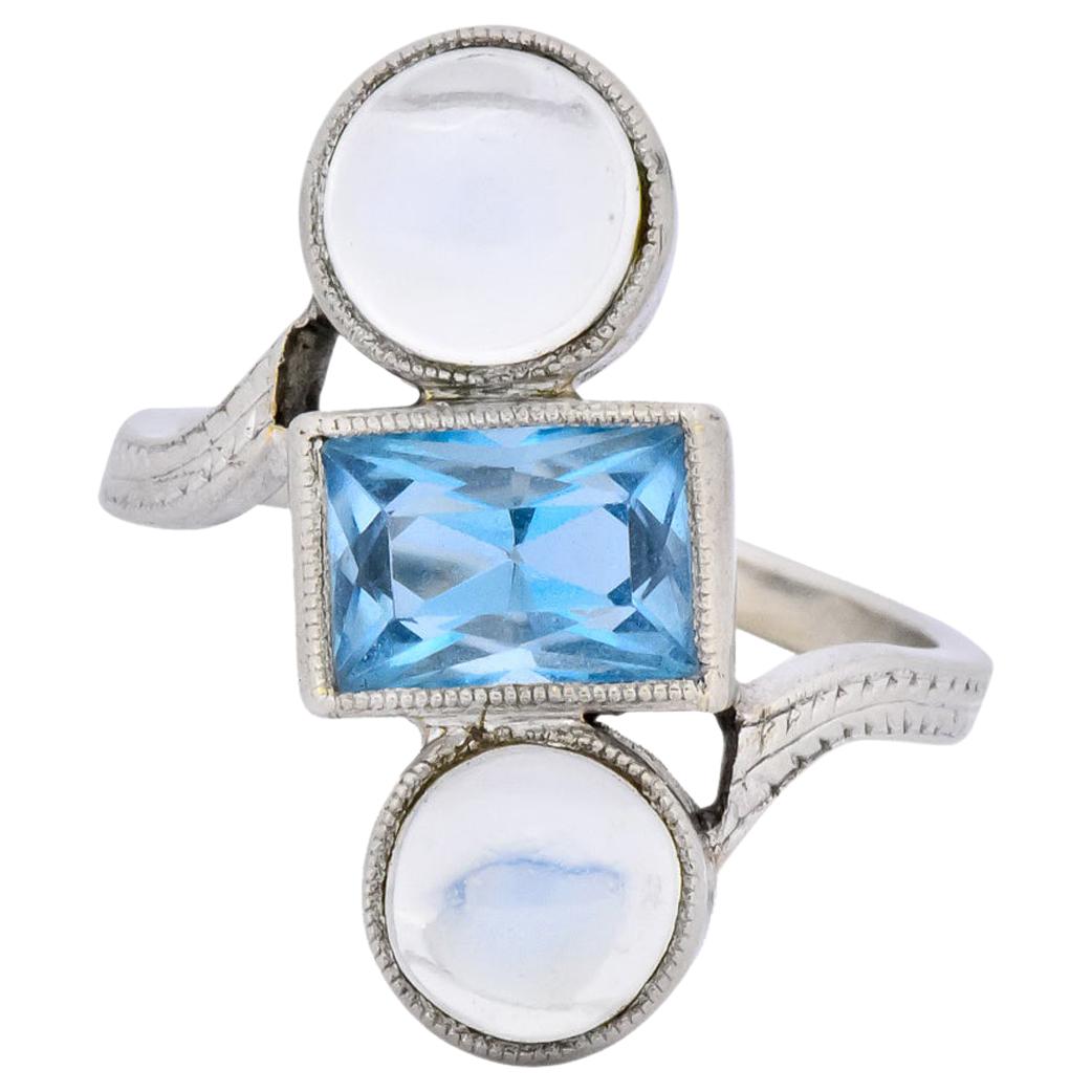 Art Nouveau Aquamarine Moonstone 14 Karat White Gold Ring