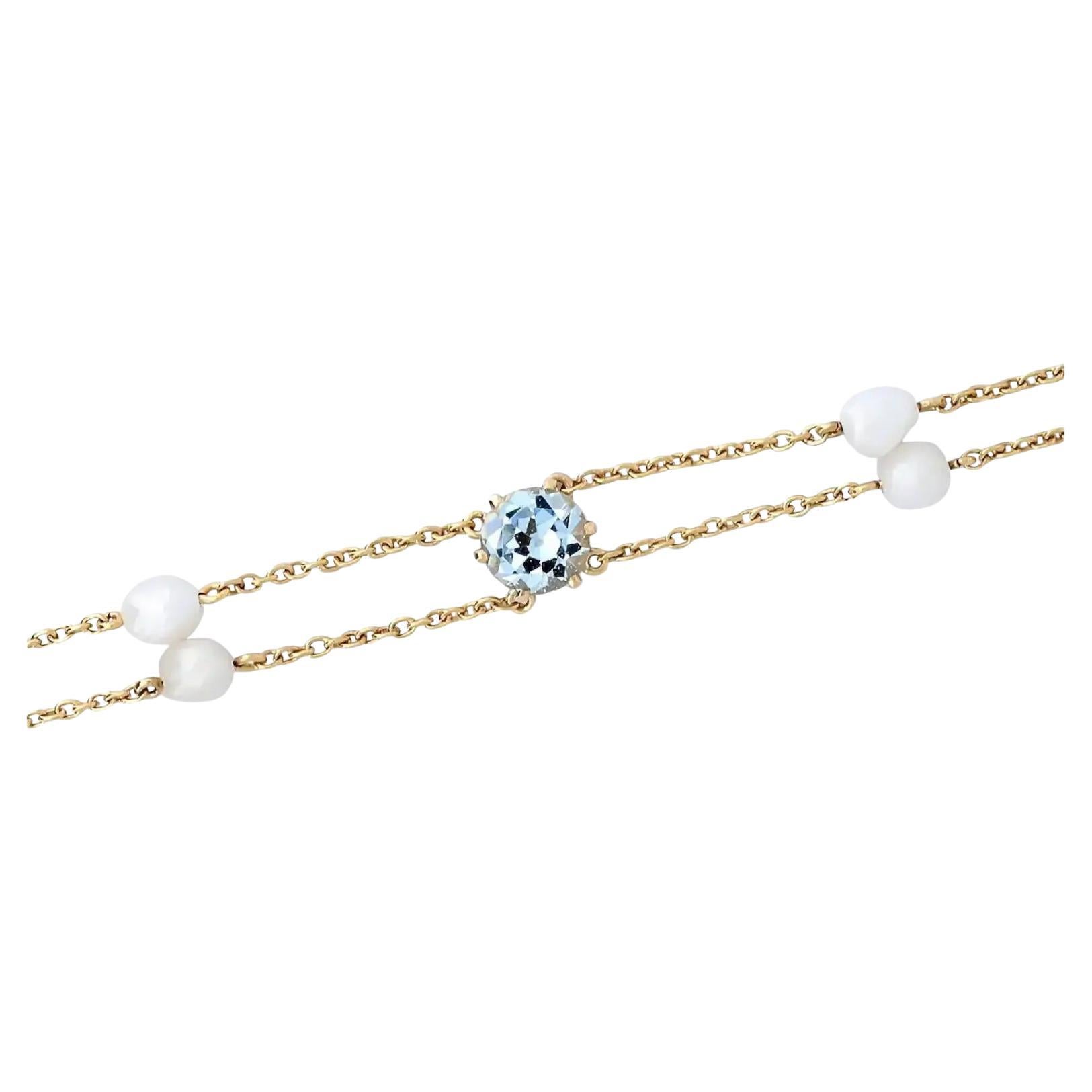 Art Nouveau Aquamarine & Natural Pearl Bracelet in 14k Yellow Gold