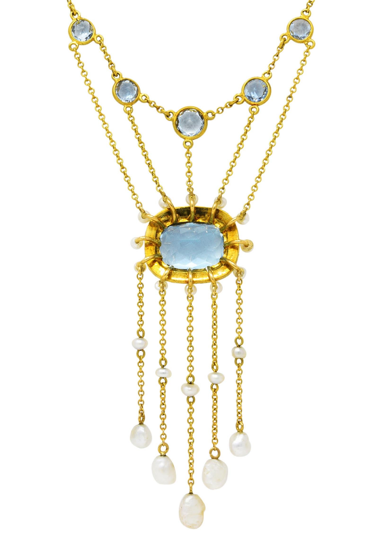Cushion Cut Art Nouveau Aquamarine Pearl 14 Karat Yellow Gold Fringe Swag Station Necklace