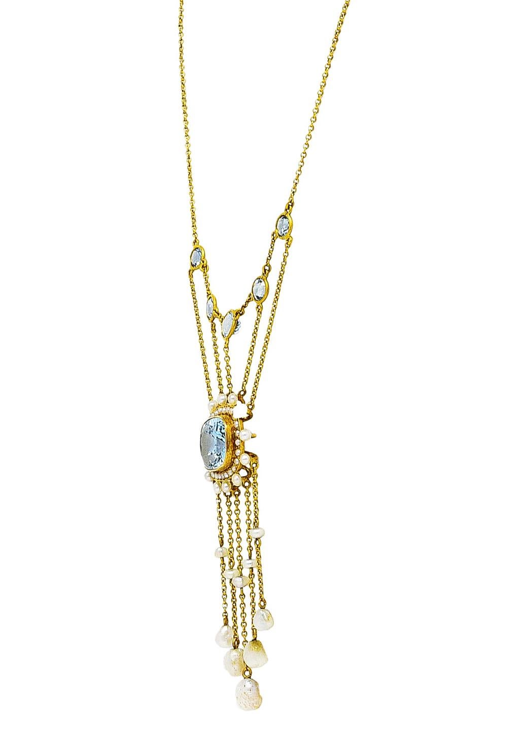 Halskette im Jugendstil mit Aquamarin-Perle 14 Karat Gelbgold Fransen Swag Station Halskette im Zustand „Hervorragend“ in Philadelphia, PA