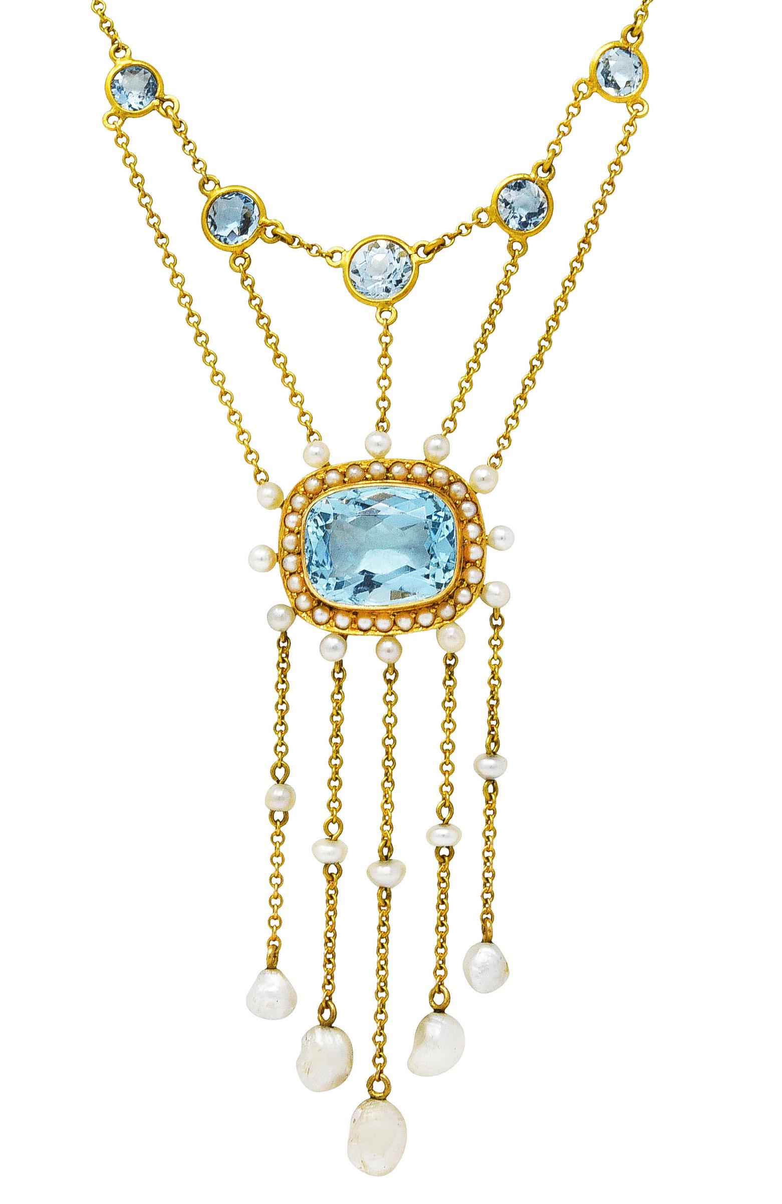 Art Nouveau Aquamarine Pearl 14 Karat Yellow Gold Fringe Swag Station Necklace 2