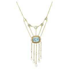 Art Nouveau Aquamarine Pearl 14 Karat Yellow Gold Fringe Swag Station Necklace