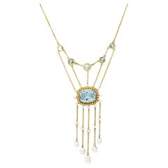 Art Nouveau Aquamarine Pearl 14 Karat Yellow Gold Fringe Swag Station Necklace