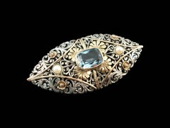 Art Nouveau Conjunto de broche de aguamarina y perla en plata y oro - Francia - Circa 1900