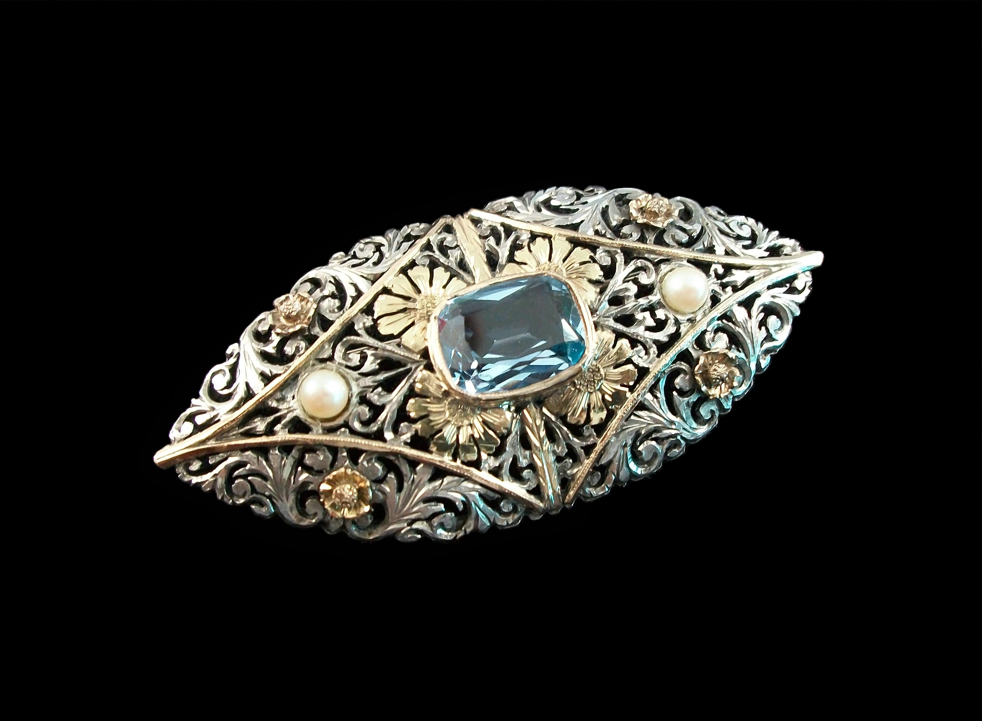 Art Nouveau Aquamarine & Pearl Brooch Set in Silver & Gold - France - Circa 1900 In Good Condition For Sale In Chatham, CA
