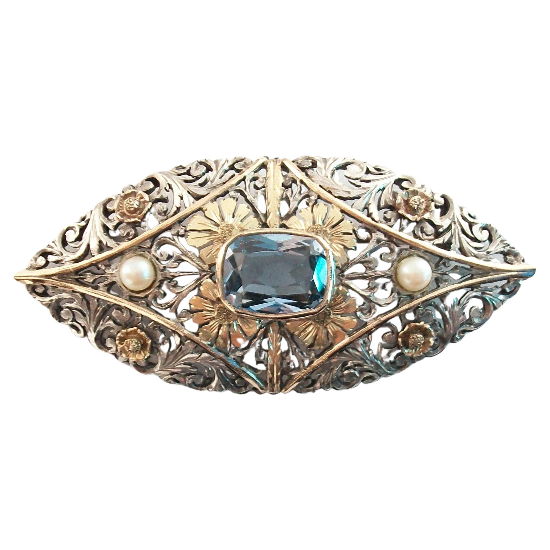 Art Nouveau Aquamarine & Pearl Brooch Set in Silver & Gold - France - Circa 1900 For Sale