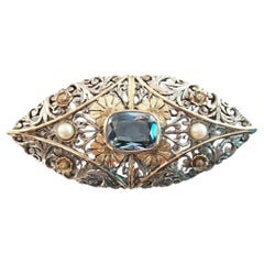 Art Nouveau Aquamarine & Pearl Brooch Set in Silver & Gold - France - Circa 1900