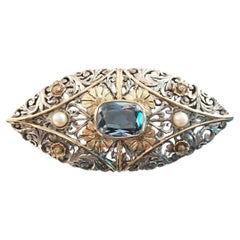 Art Nouveau Aquamarine & Pearl Brooch Set in Silver & Gold - France - Circa 1900