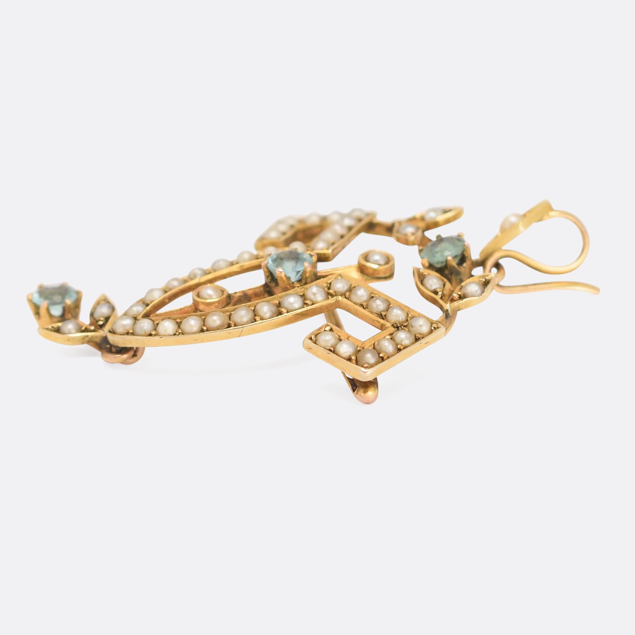 Art Nouveau Aquamarine Pearl Lavaliere Pendant Necklace In Good Condition In Sale, Cheshire