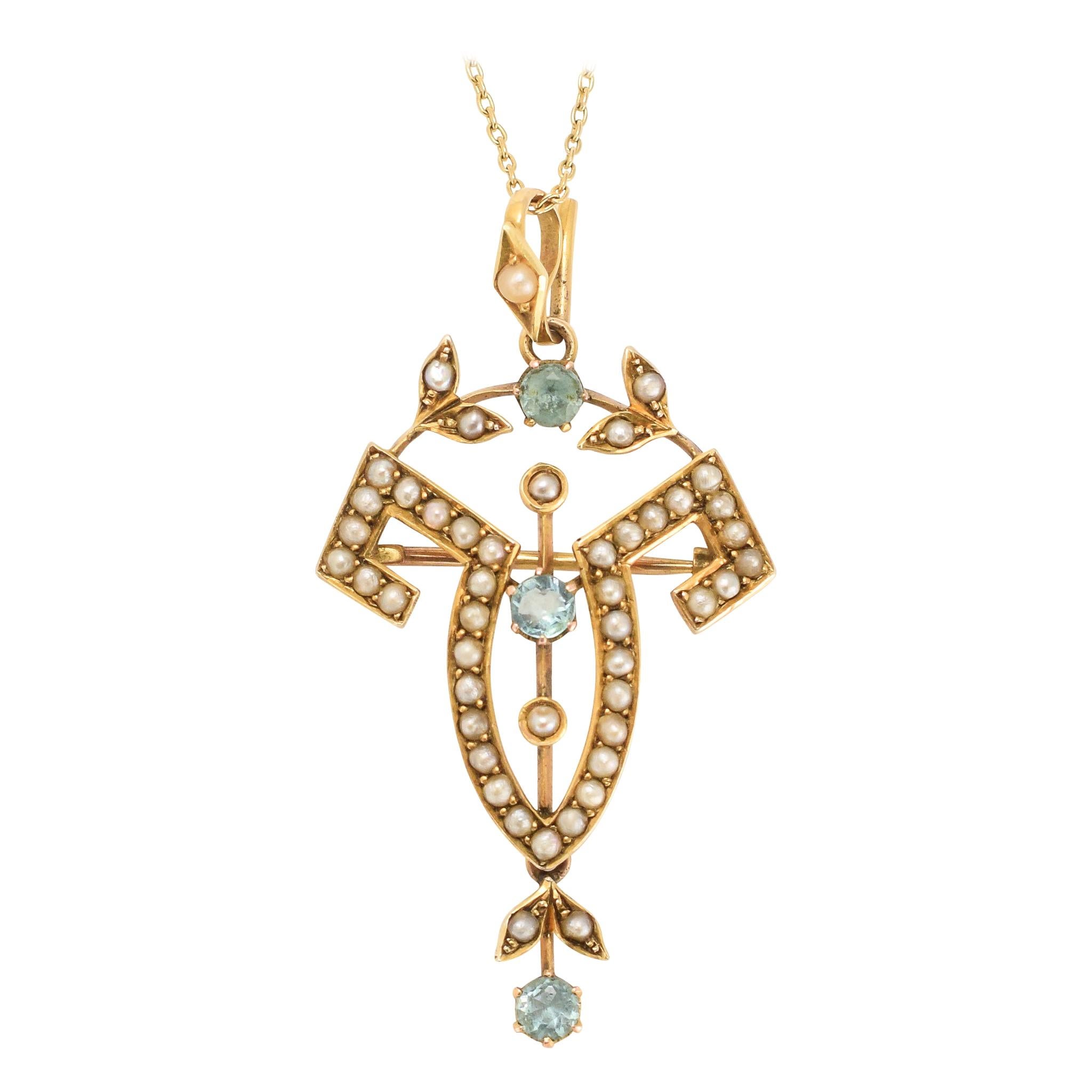 Art Nouveau Aquamarine Pearl Lavaliere Pendant Necklace