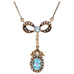 Art Nouveau Aquamarine Pearls Pendant Necklace