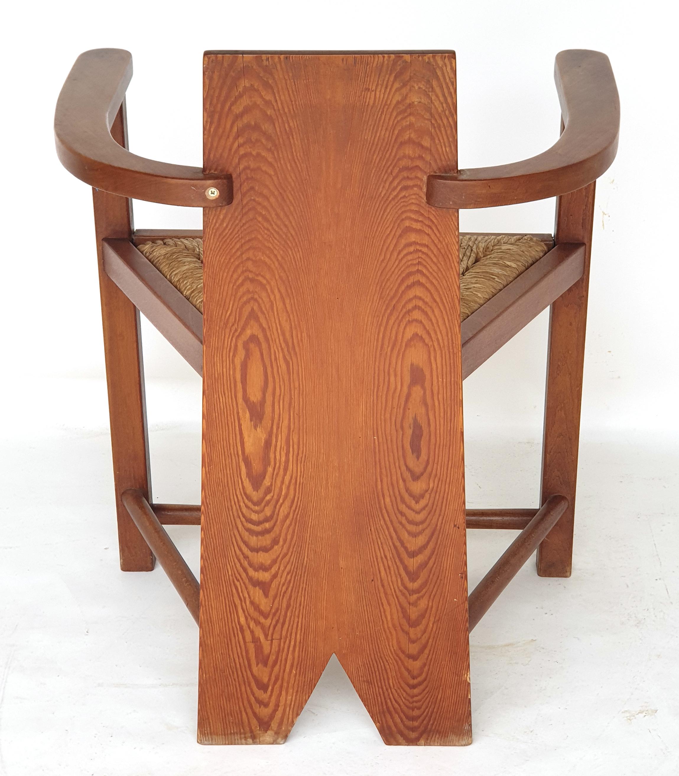 Art Nouveau armchair, attributed to Richard Riemerschmid, Germany, 1910s. Made of oak.

Original condition. Armchair in triangular basic form, with all-round bracing, braided seat and wide back board.

This armchair was likely created by Richard