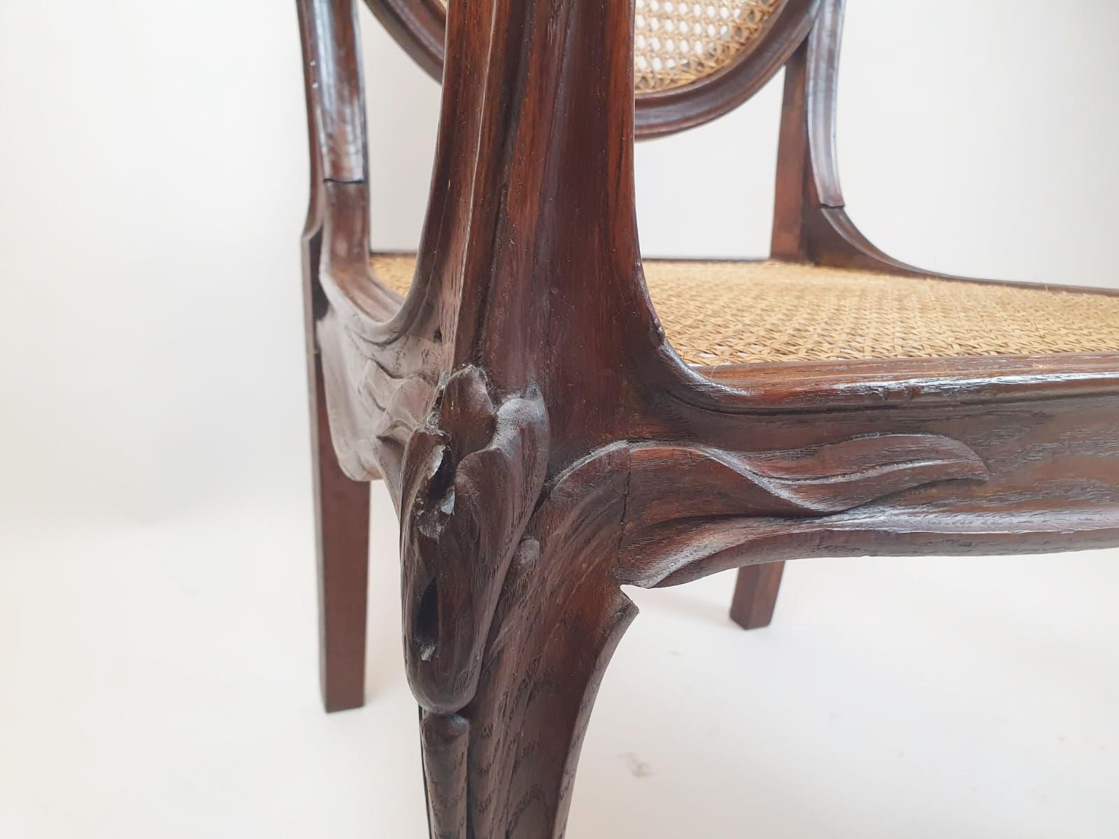 Early 20th Century Art Nouveau Armchair In Oak And Canework For Sale