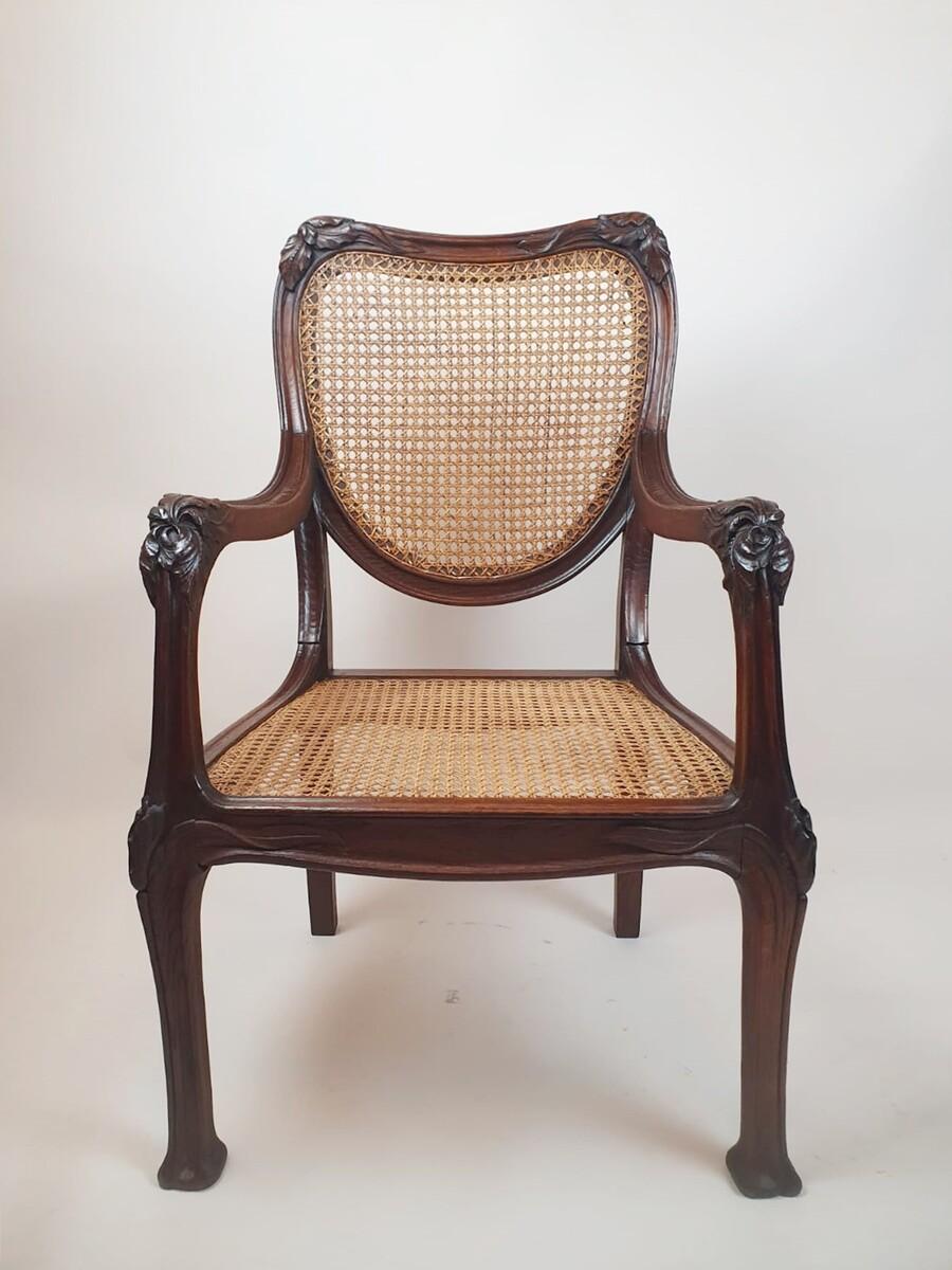 Wood Art Nouveau Armchair In Oak And Canework For Sale