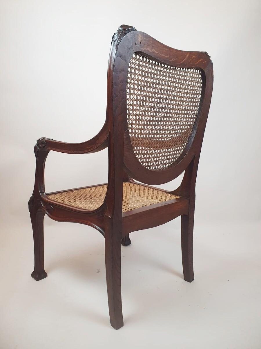 Art Nouveau Armchair In Oak And Canework For Sale 1