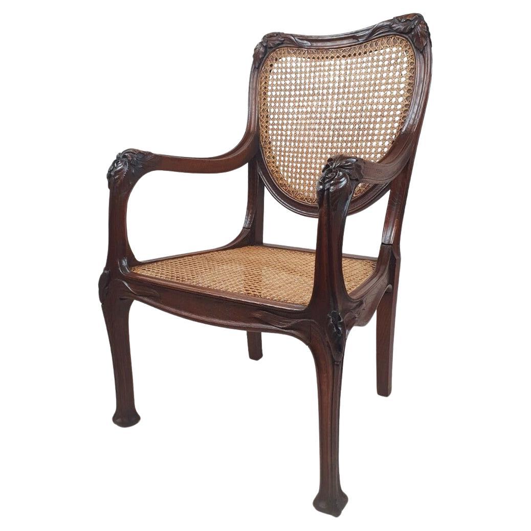 Art Nouveau Armchair In Oak And Canework For Sale