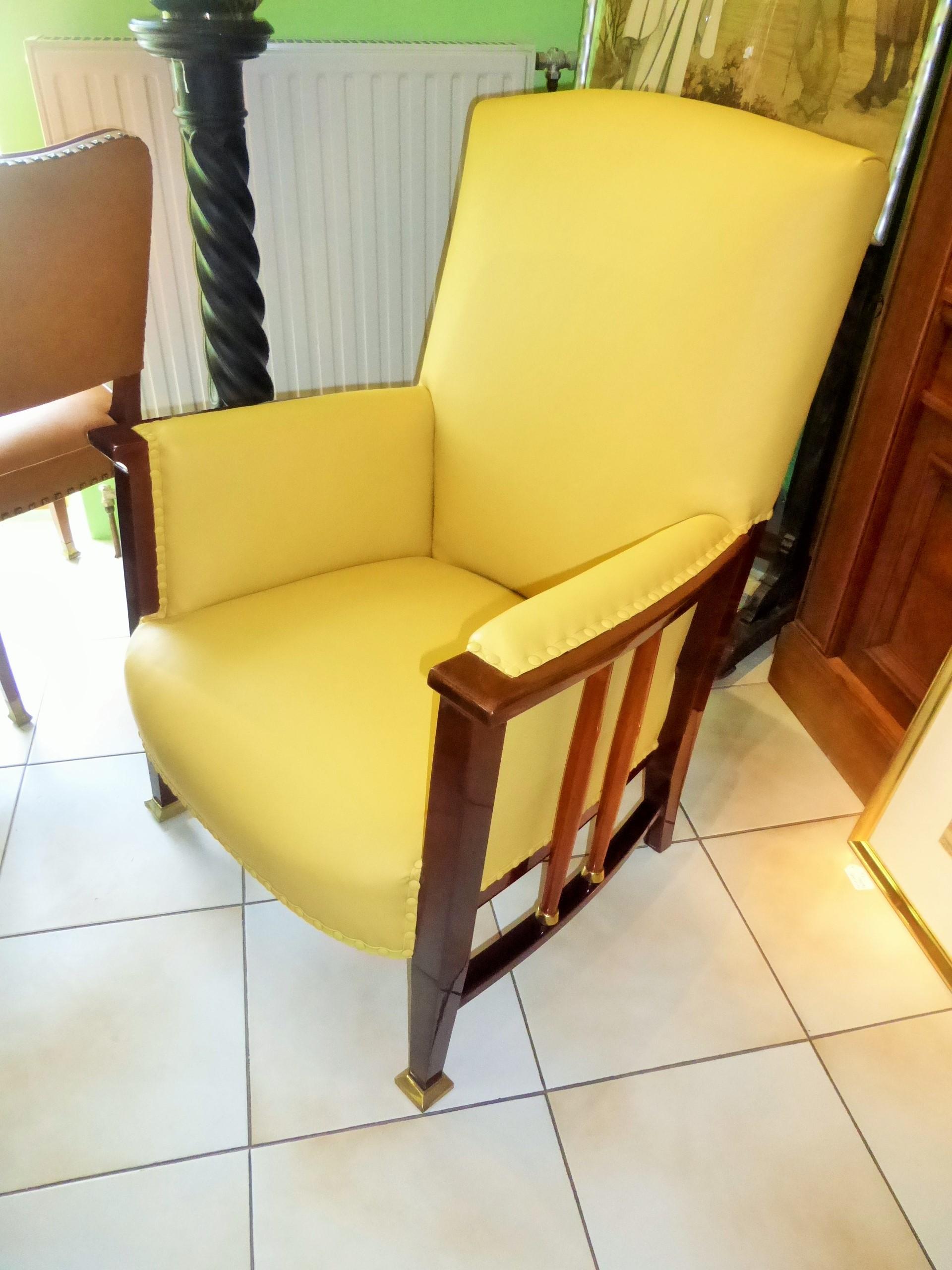 Austrian Art Nouveau Armchairs from 1910 Made of Mahogany with Yellow Leather For Sale