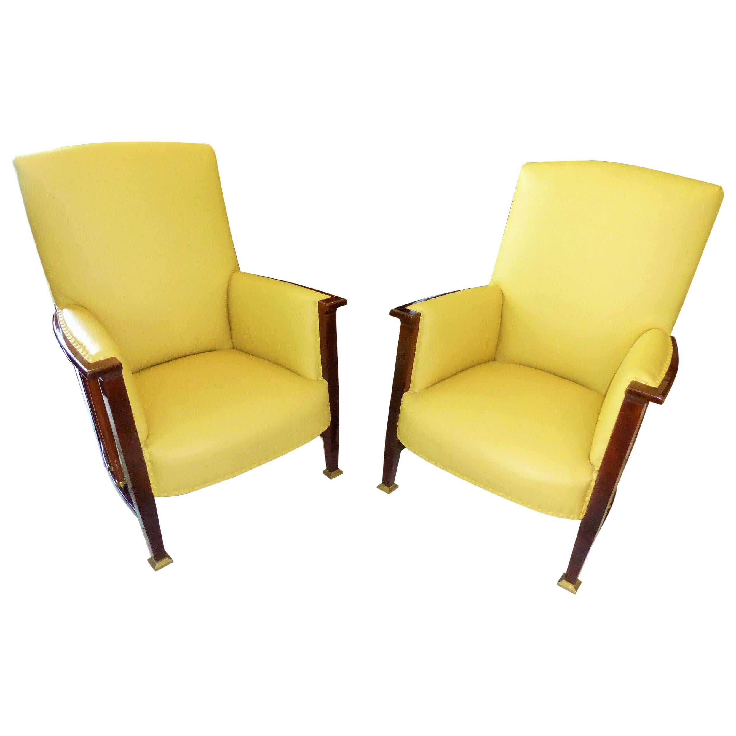 Art Nouveau Armchairs from 1910 Made of Mahogany with Yellow Leather For Sale