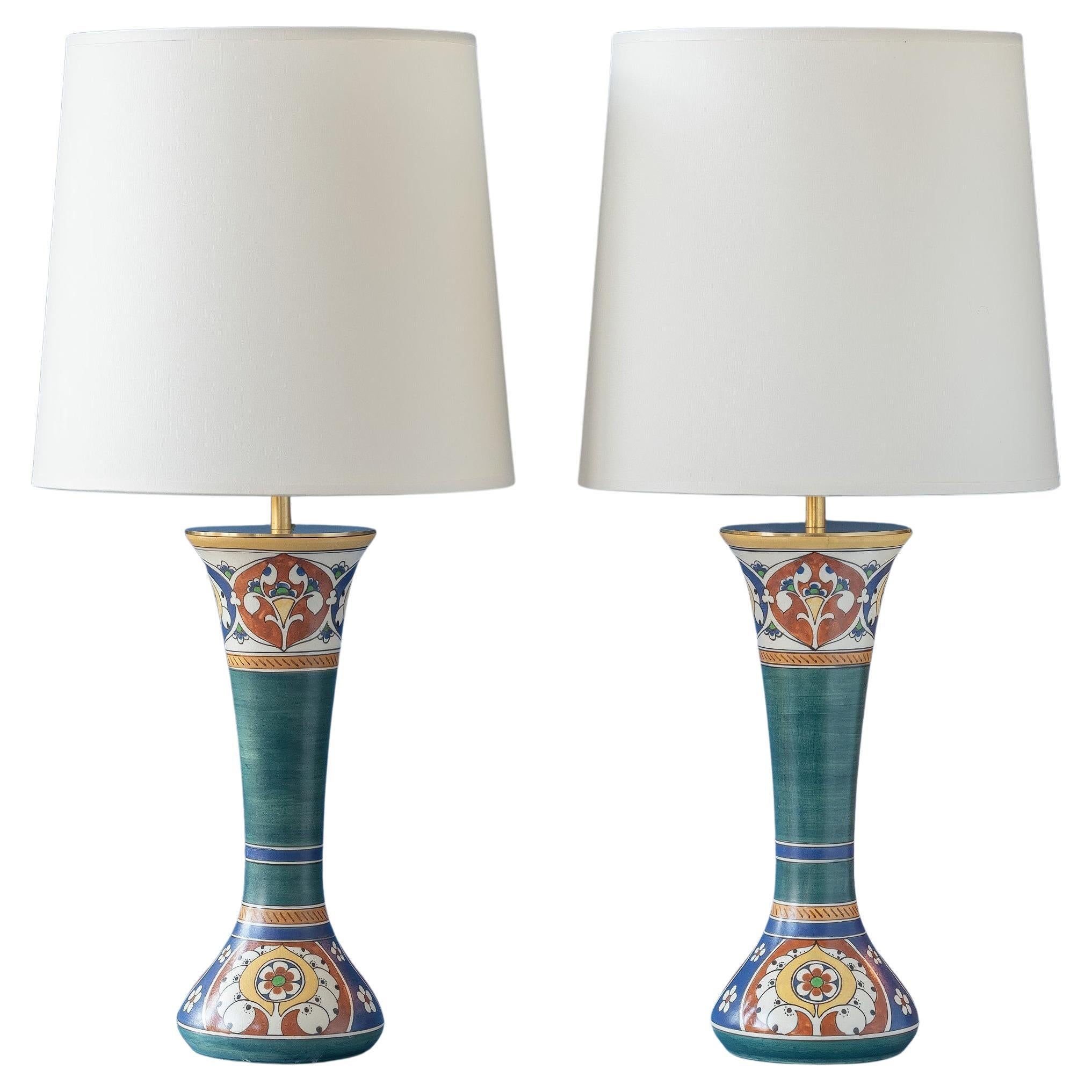 Dutch Art Nouveau–Art Deco Hand-Painted Ceramic Table Lamps, Pair, 1910–1917