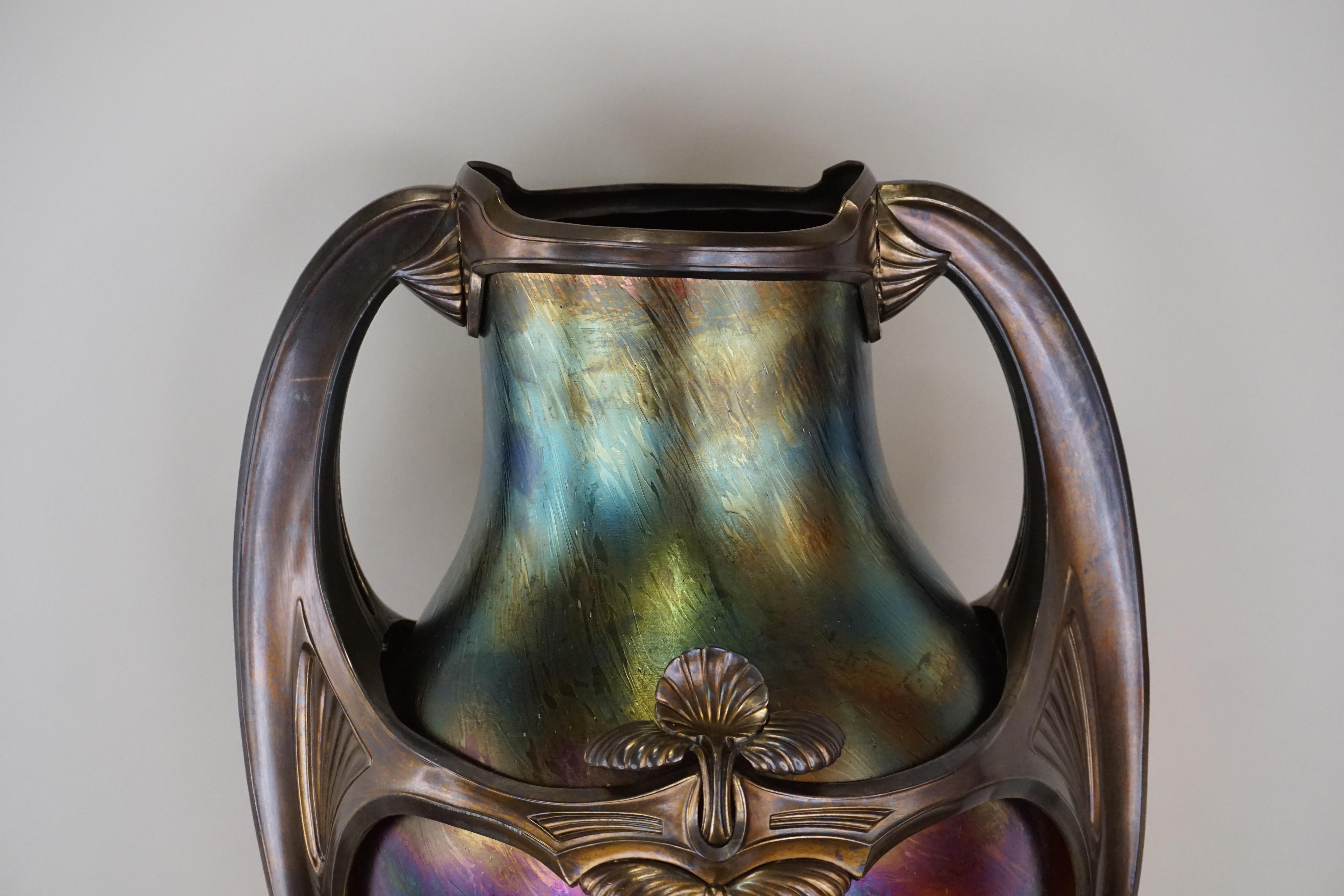 Bronzed Art Nouveau/Art Deco Large Glass Vase with Patinated Bronze Finished Base For Sale