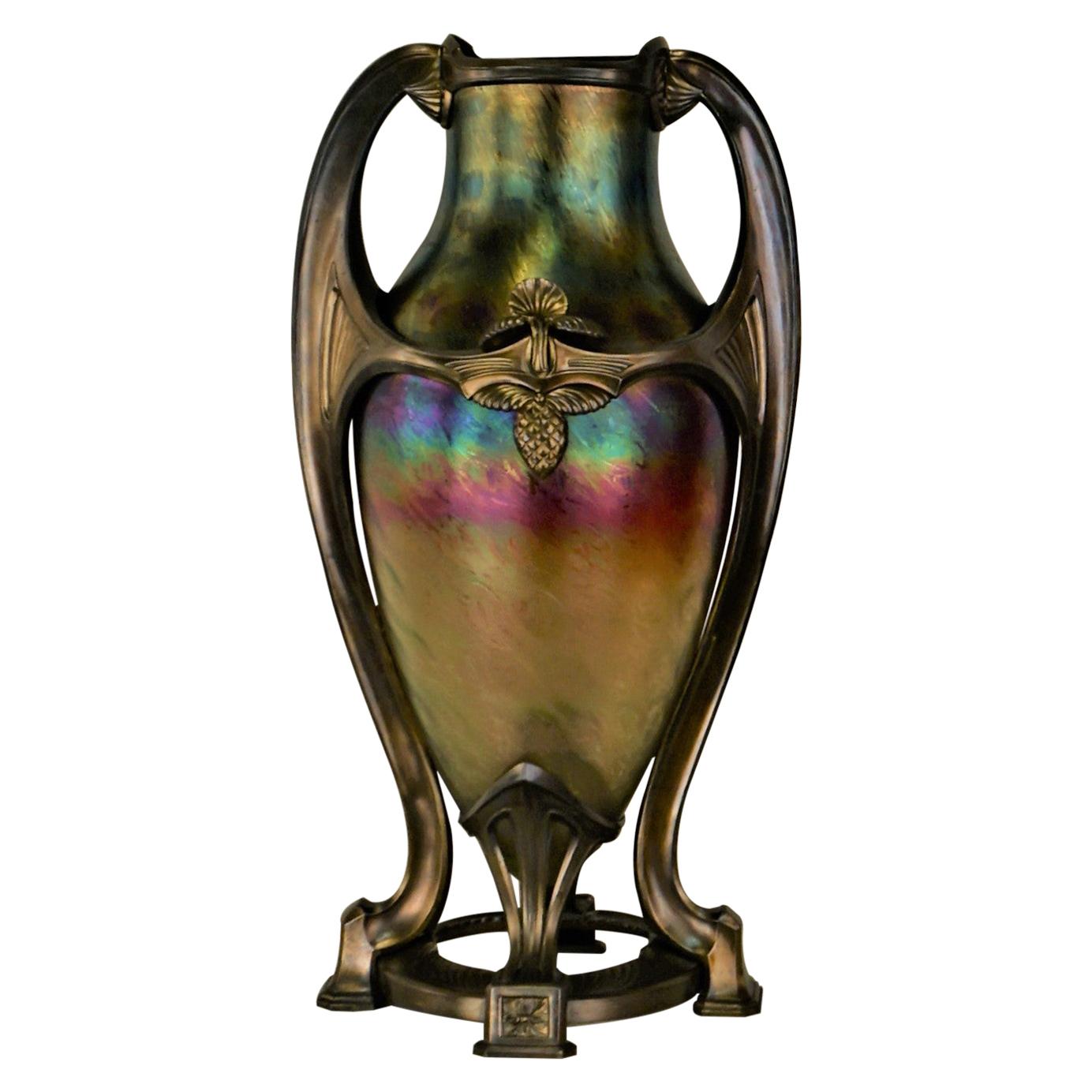 Art Nouveau/Art Deco Large Glass Vase with Patinated Bronze Finished Base