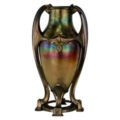 Große Glasvase im Jugendstil/Art déco-Stil mit Sockel aus patinierter Bronze