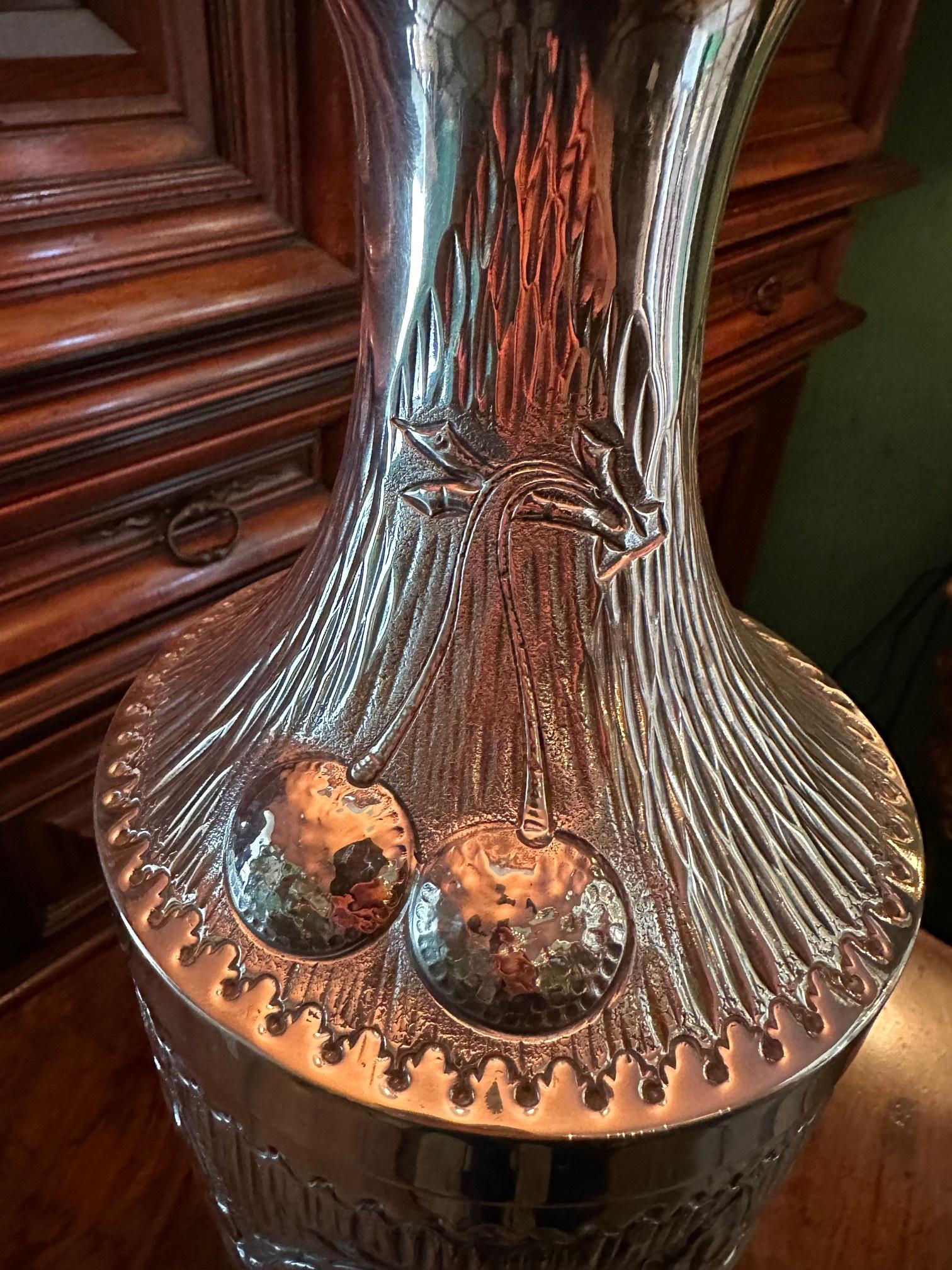 20ième siècle Lampe de bureau Art Nouveau Art Déco en forme d'urne en argent avec abat-jour ancien LA CA en vente
