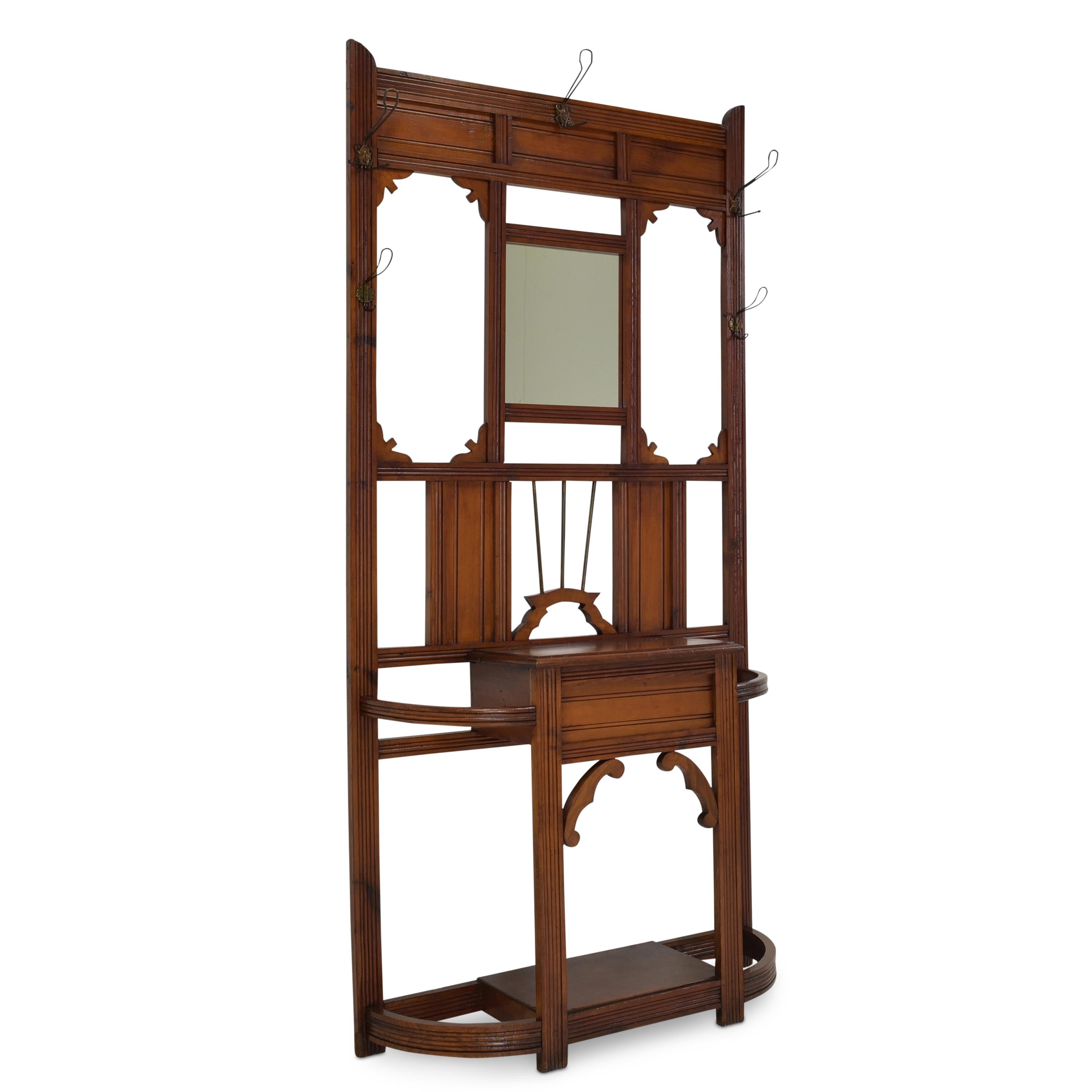 Wardrobe restored Art Nouveau / Art Deco around 1925 oak

Features:
Asymmetric model with mirror, hook and compartment with drawer
Beautiful ornaments
Very nice patina

Additional information:
Material: Solid oak and beech
Dimensions: 98.5