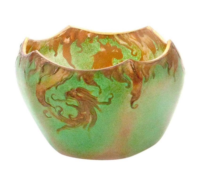 Hand-Crafted Vintage Art Nouveau Art Glass Dragon Petit Cache Pot For Sale