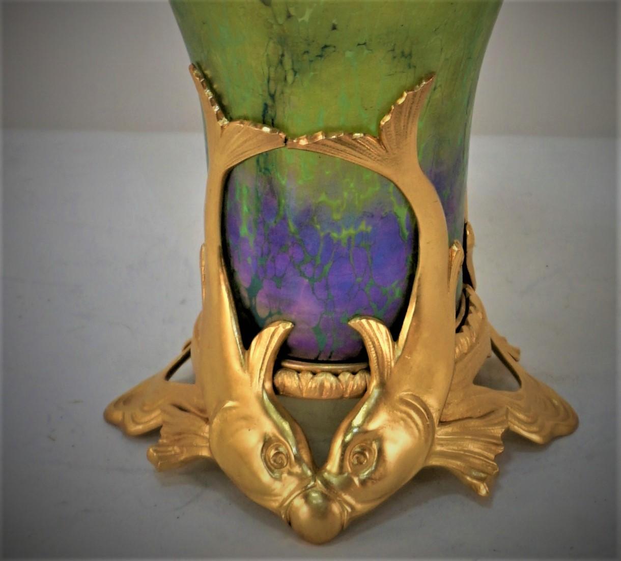 Art nouveau Vase Art Nouveau Art Glass Gilt Bronze Mounting Vase en vente