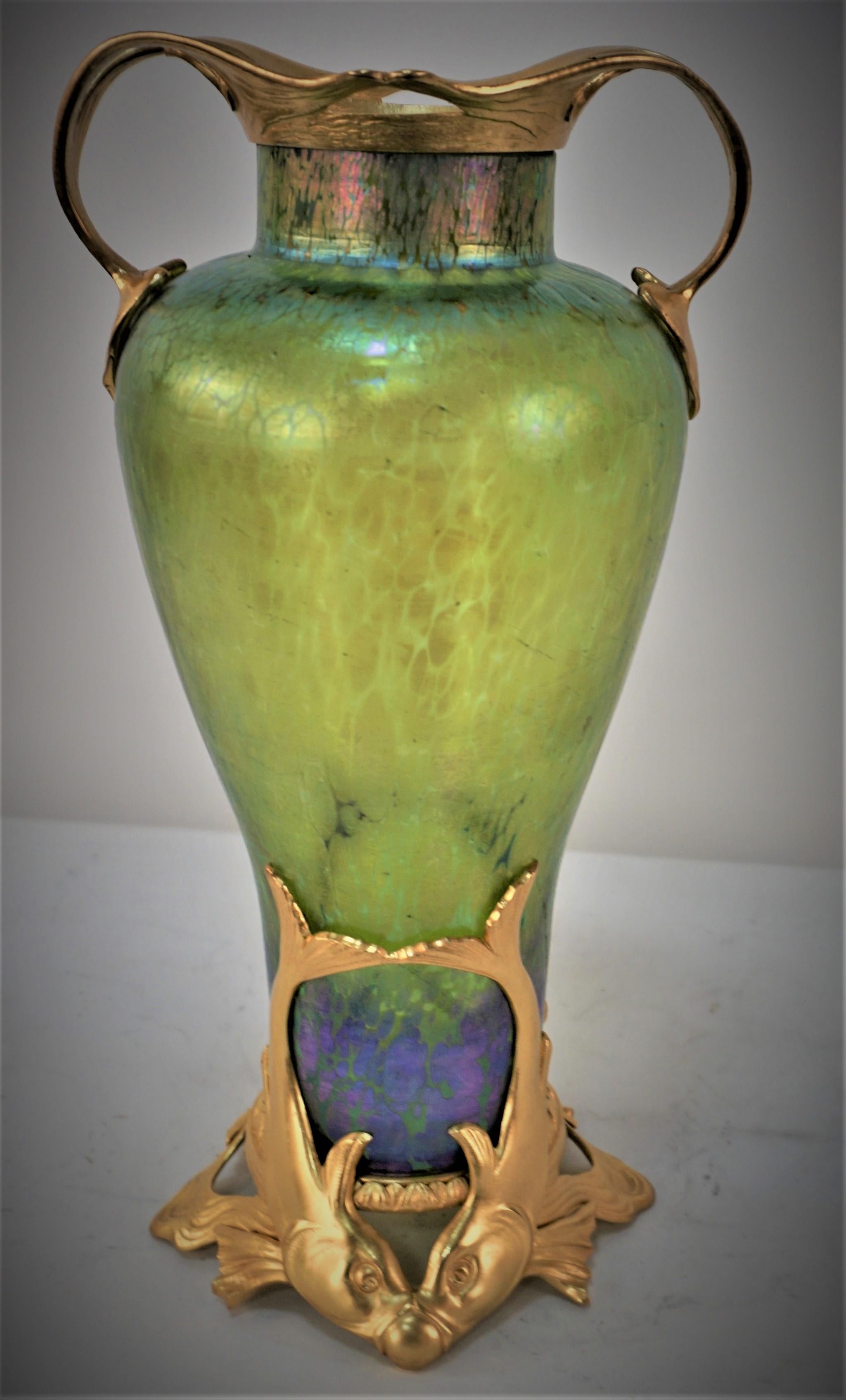 Early 20th Century Art Nouveau Art Glass Gilt Bronze Mounting Vase For Sale