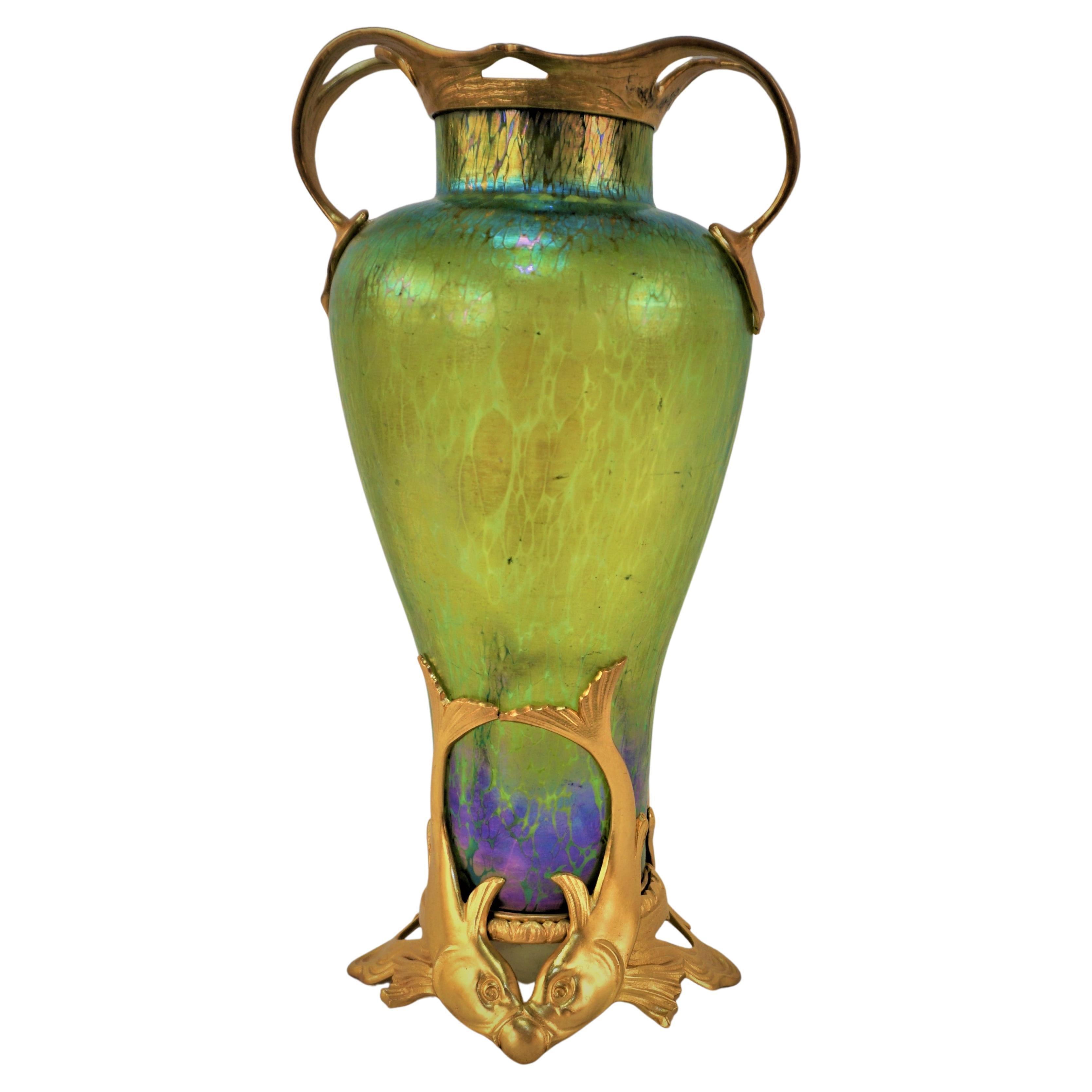 Art Nouveauart Deco Large Glass Vase With Patinated Bronze Finished