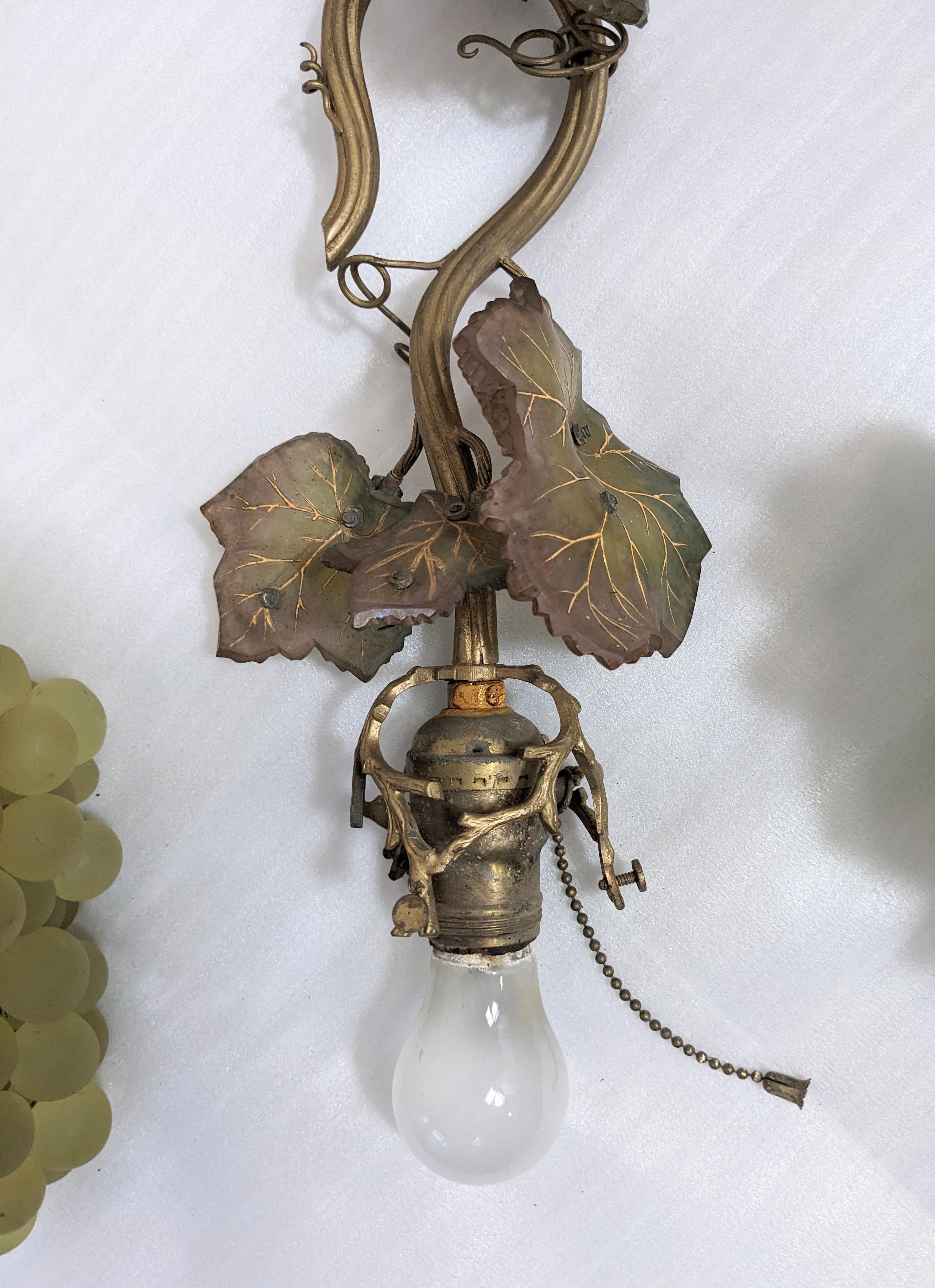 French Art Nouveau Art Glass Grape Pendant Light with 2 Shades For Sale