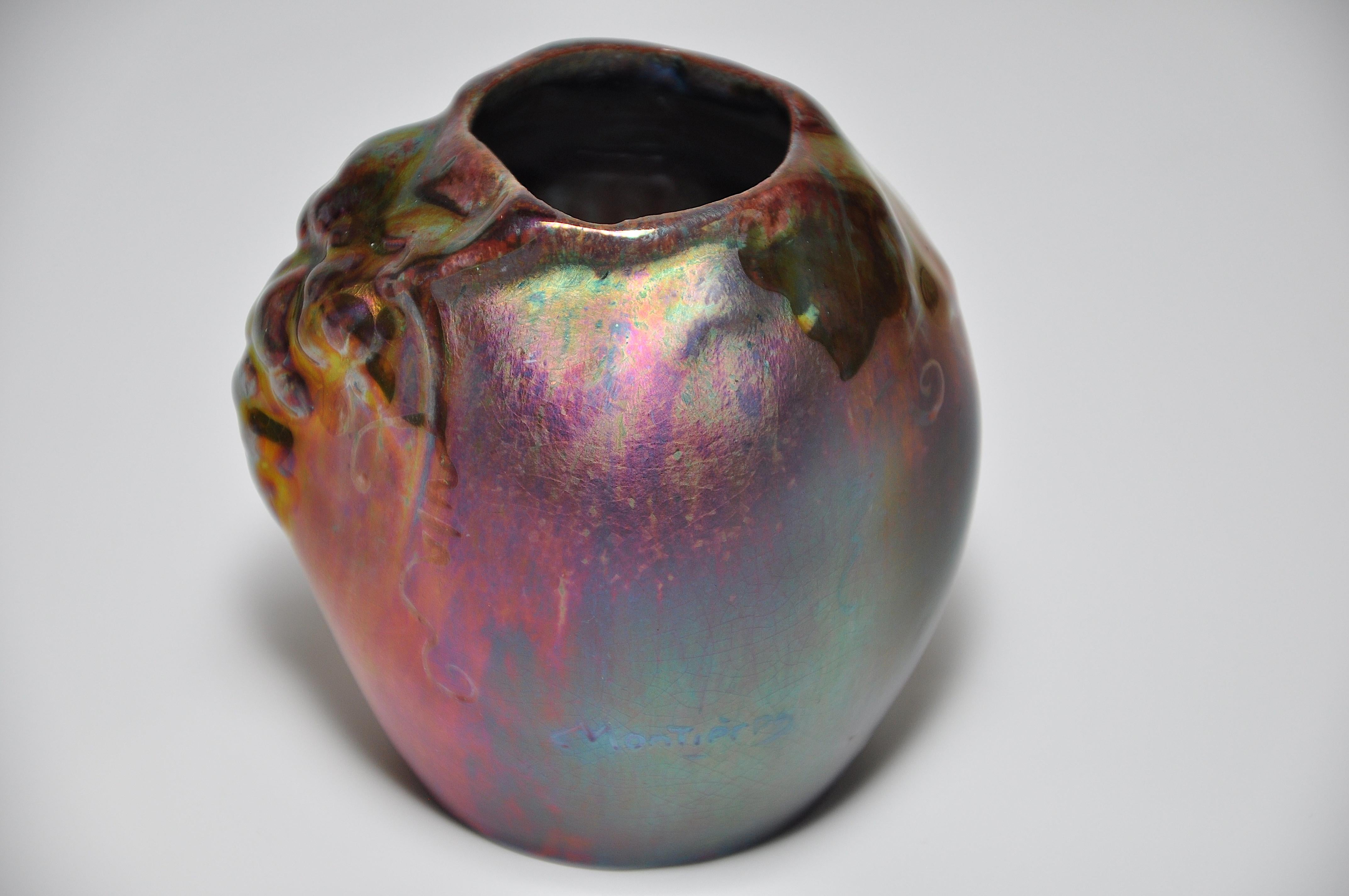 Art Nouveau Art Pottery Montieres red green lustre vase pot. A superb small iridescent Art Nouveau vase with a lustre-glazed finish. It is very tactile, fitting superbly in ones hand like an apple. Signed ‘Montieres’ by the factory based at Amiens