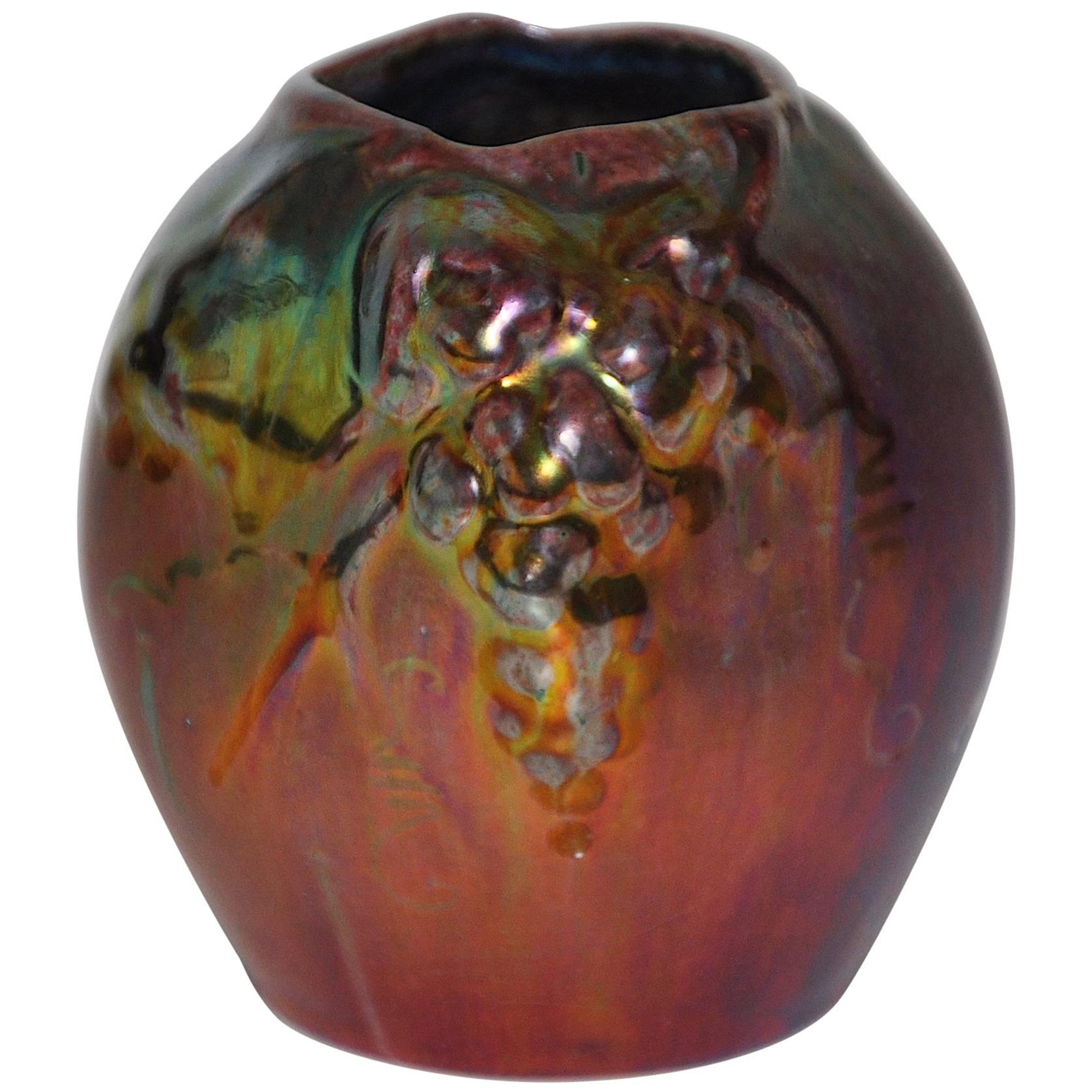 Art Nouveau Art Pottery Montieres Red Green Lustre Vase Pot For Sale