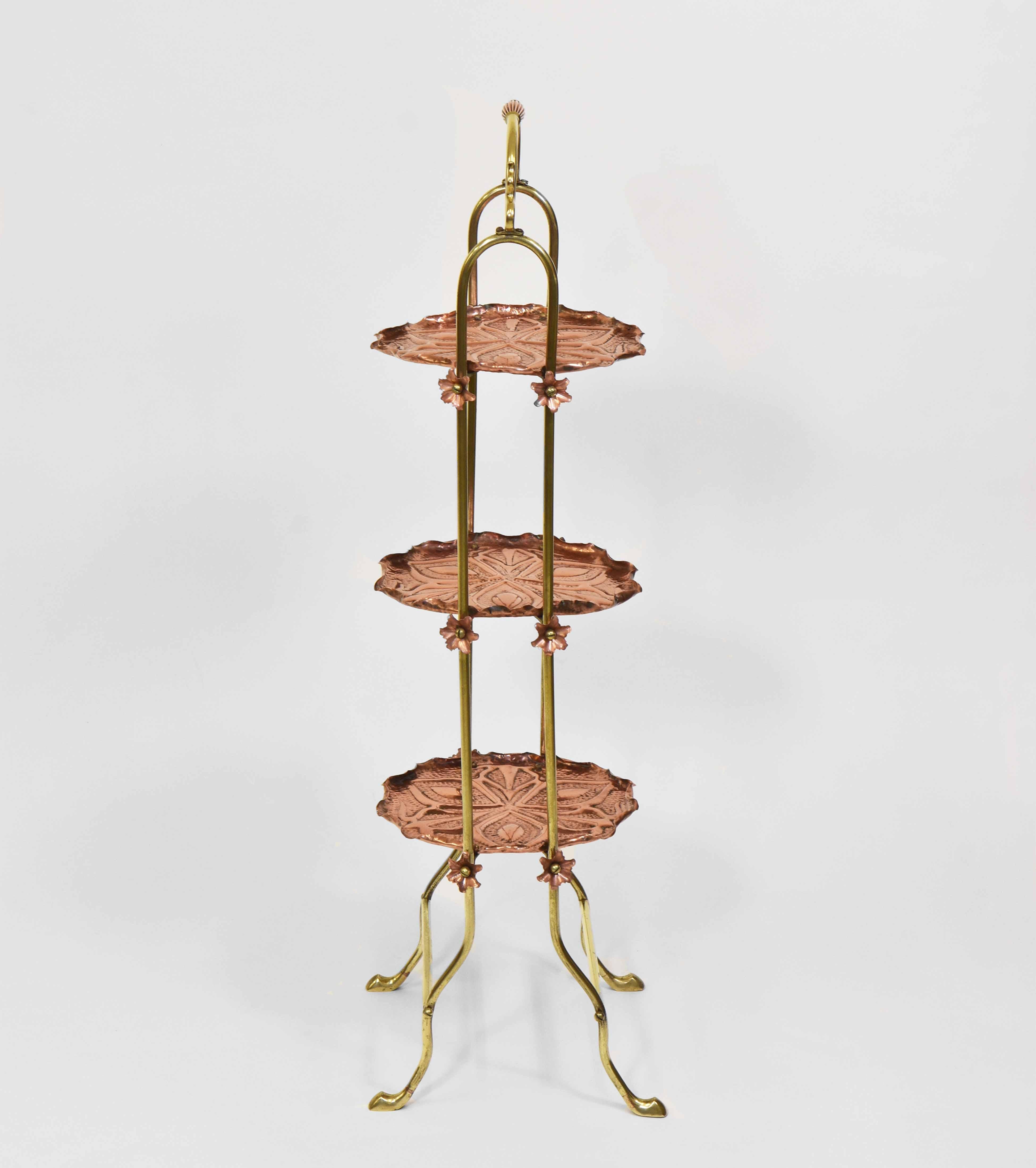 Hand-Crafted Art Nouveau Arts & Crafts Copper and Brass Cake Stand For Sale