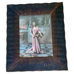 Art Nouveau Arts & Crafts Hand Carved Oak Frame W/Print of Woman "Alone"
