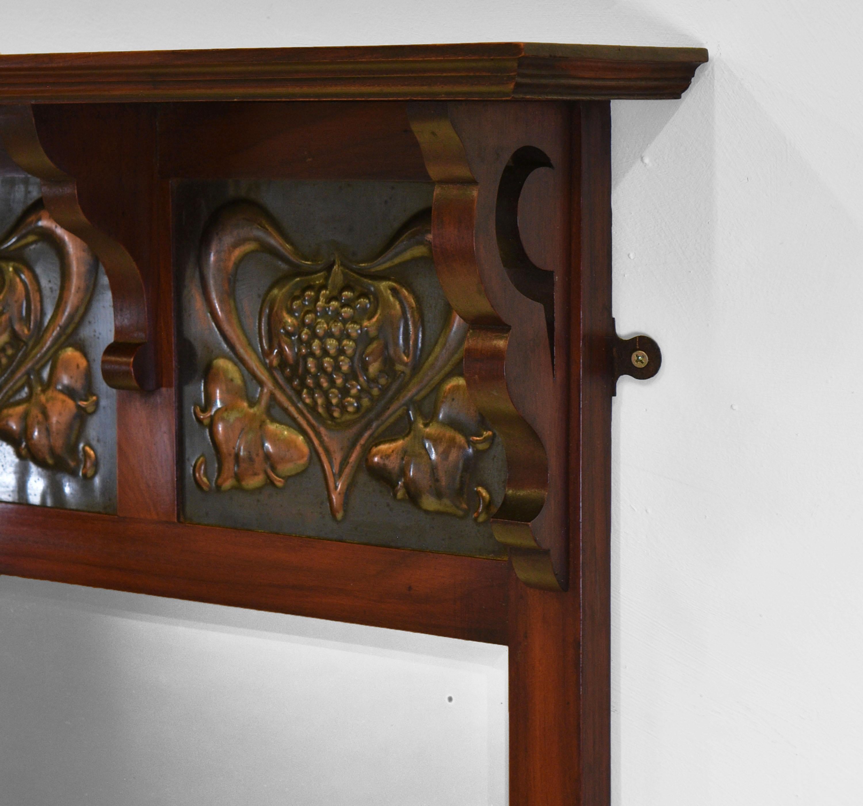 English Art Nouveau Arts & Crafts Walnut Over Mantle Wall Mirror