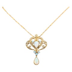 Art Nouveau Australian Opal Lavalier Pendant in 14k Yellow Gold