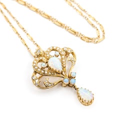 Art Nouveau Australian Opal, Pearl and Diamond Lavalier Necklace in 14k Yellow