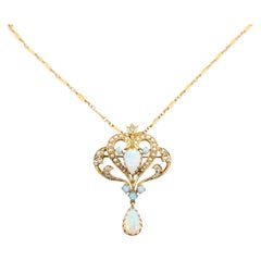 Art Nouveau Australian Opal, Pearl and Diamond Lavalier Necklace in 14k Yellow