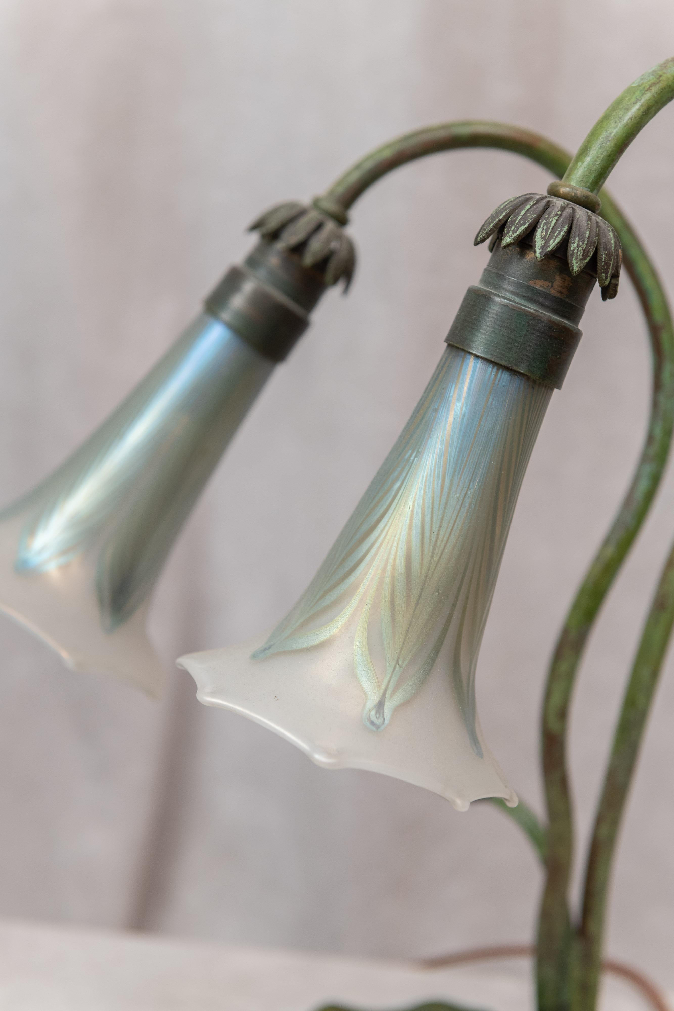 Hand-Crafted Art Nouveau Austrian 2-Light Lily Lamp w/ Original Pulled Feather Shades