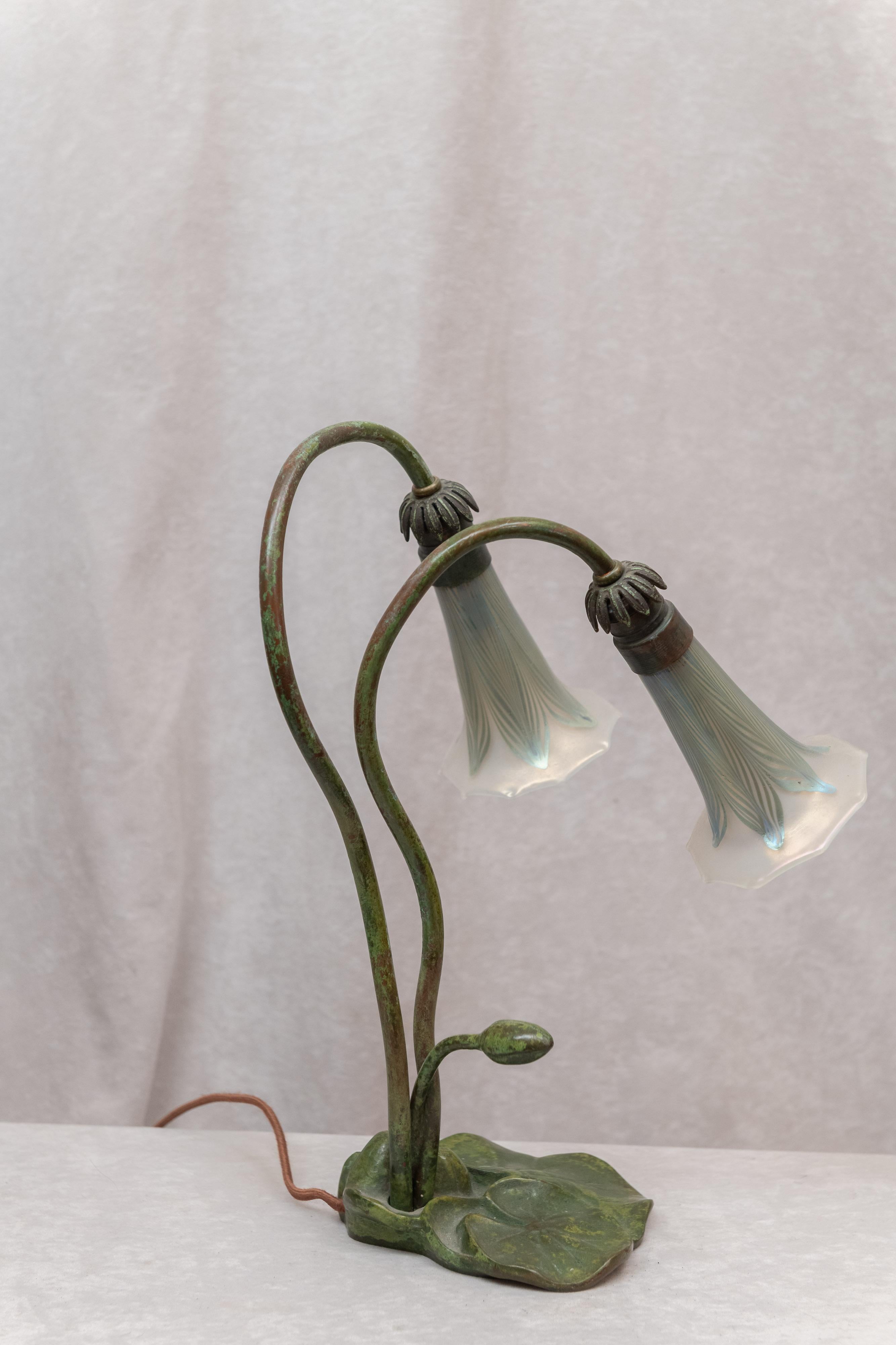 Early 20th Century Art Nouveau Austrian 2-Light Lily Lamp w/ Original Pulled Feather Shades