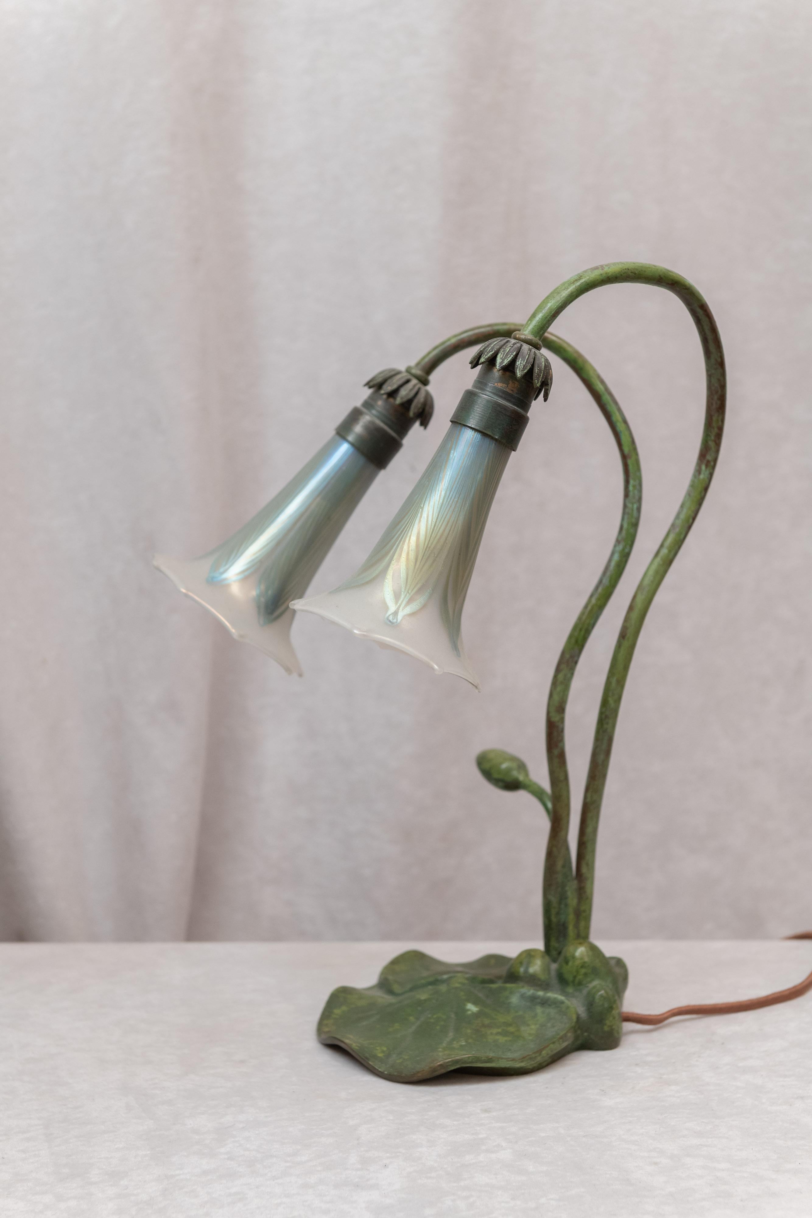 Art Nouveau Austrian 2-Light Lily Lamp w/ Original Pulled Feather Shades 1