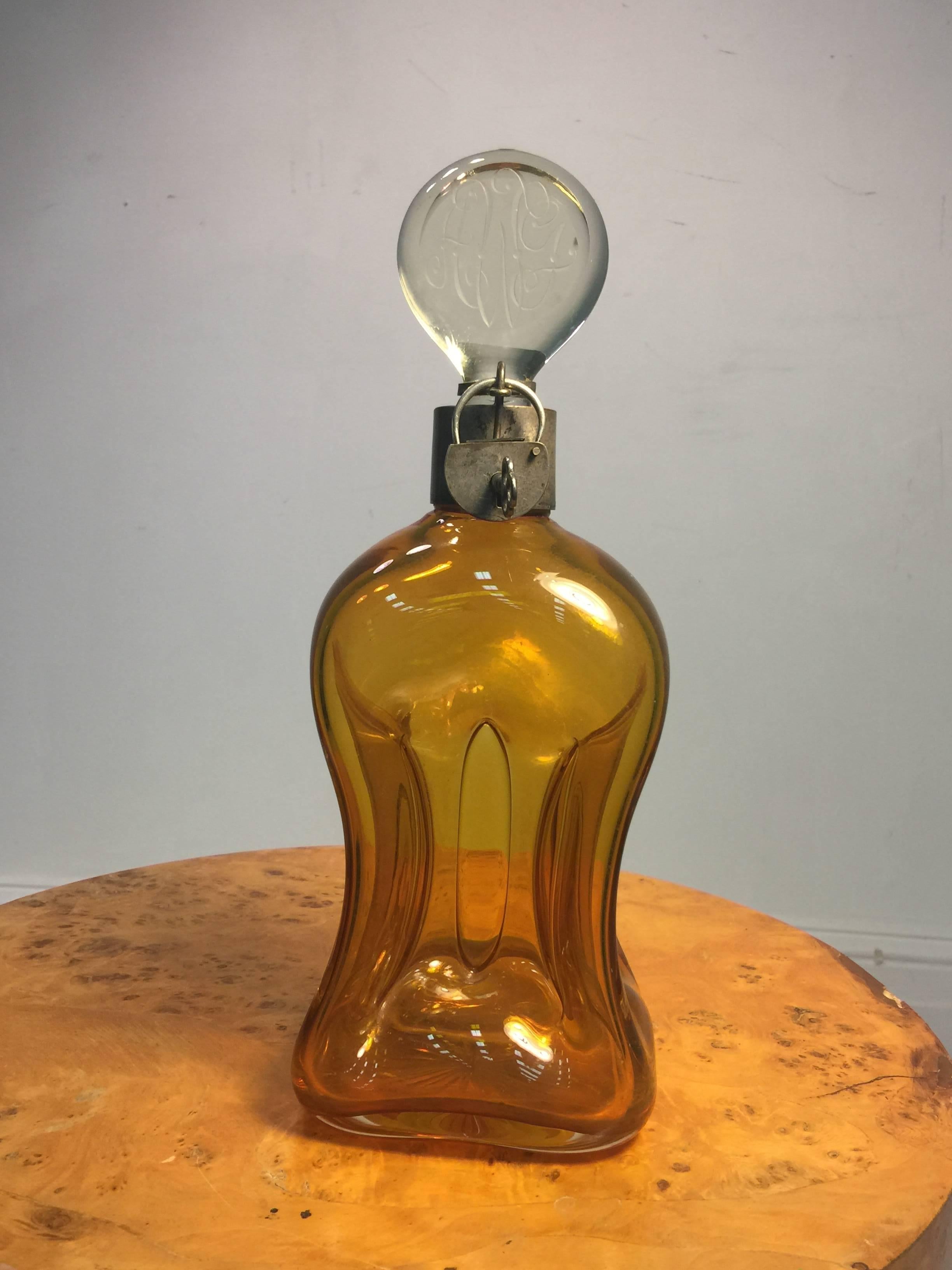 Art Nouveau Austrian Amber Glass Decanter with Silver Lock and Key In Good Condition For Sale In Allentown, PA