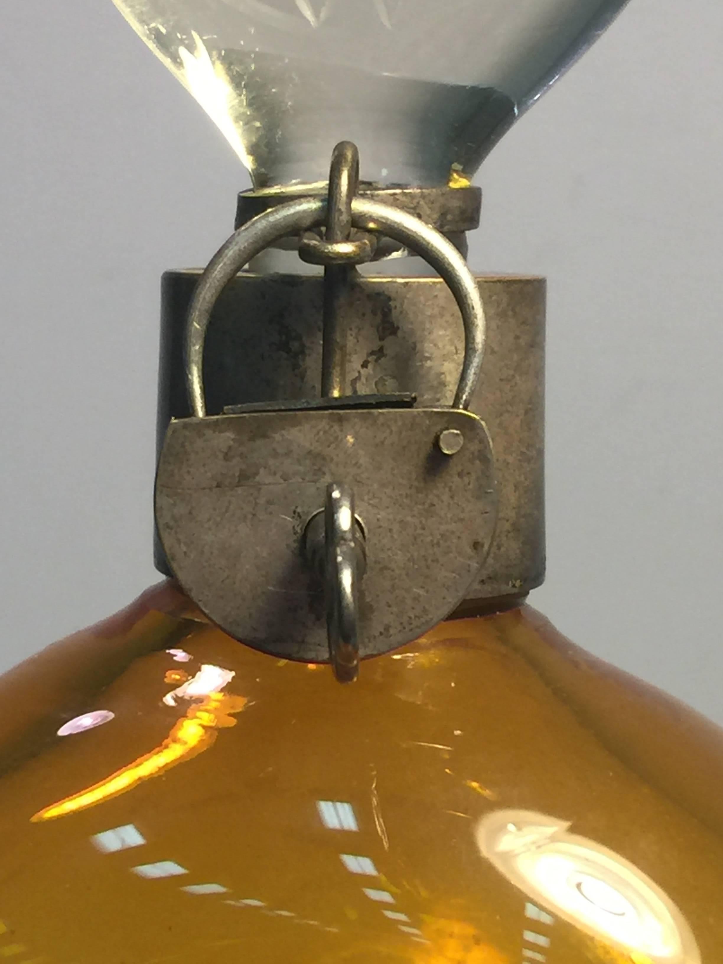 Early 20th Century Art Nouveau Austrian Amber Glass Decanter with Silver Lock and Key For Sale