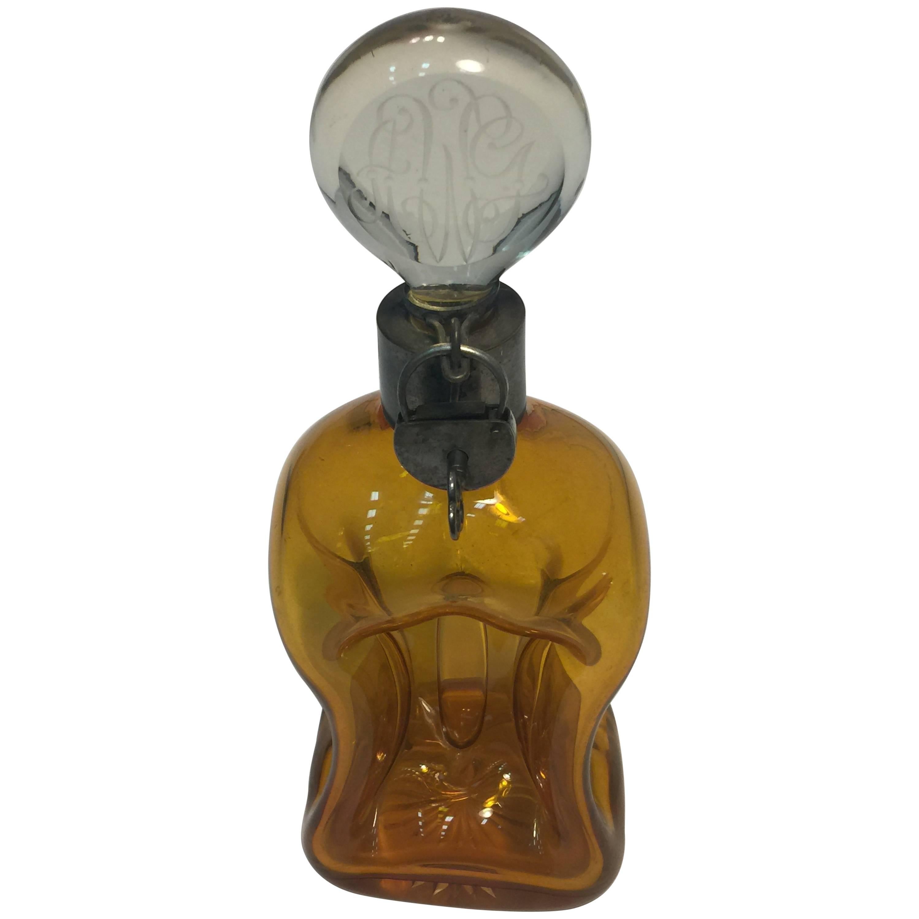 Art Nouveau Austrian Amber Glass Decanter with Silver Lock and Key For Sale