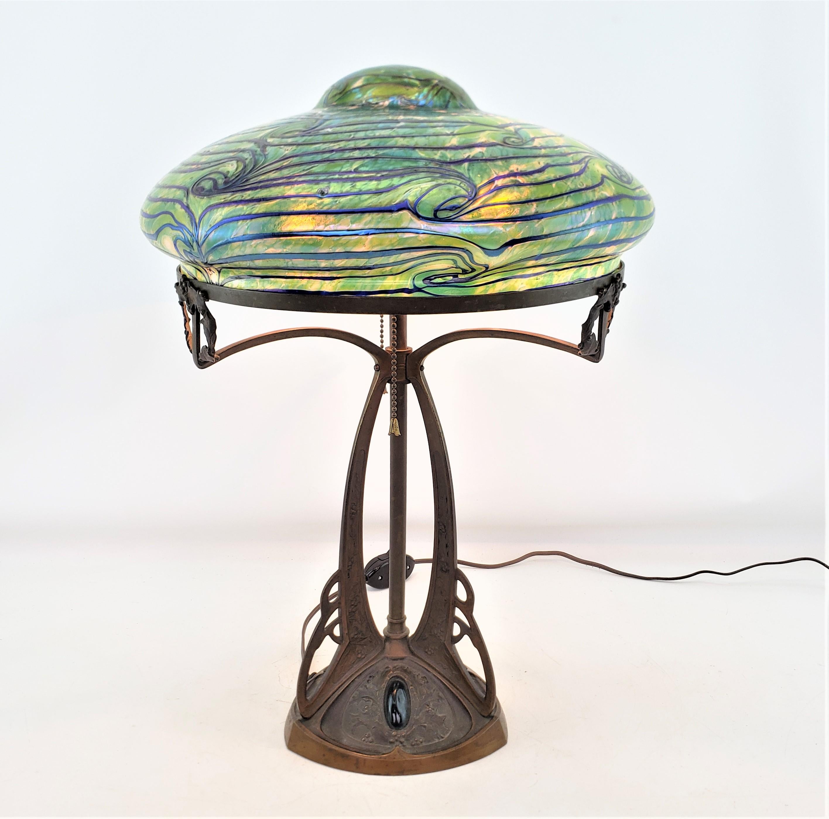 Art Nouveau Austrian Bronze Table Lamp with Loetz Styled Art Glass Shade  For Sale 5