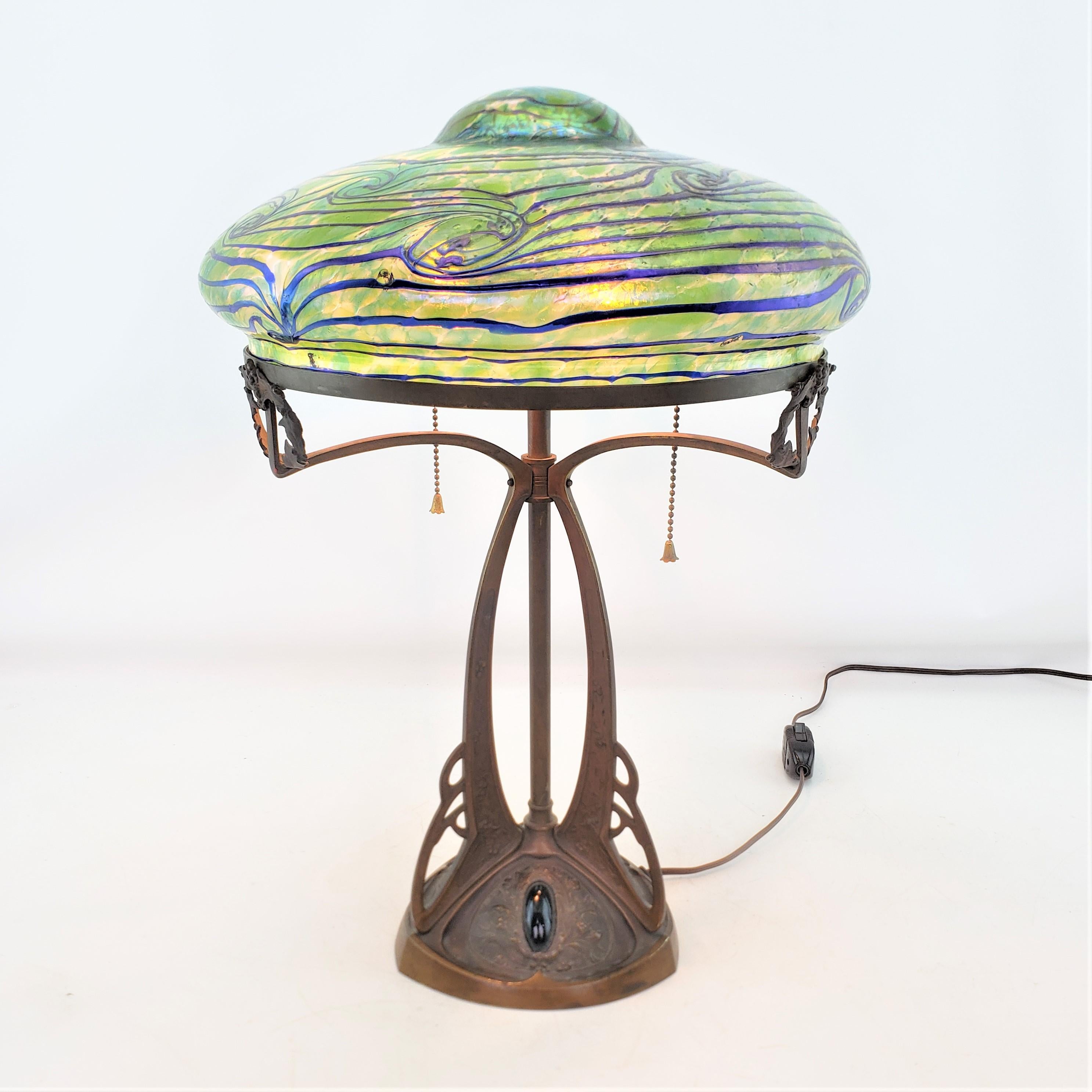Art Nouveau Austrian Bronze Table Lamp with Loetz Styled Art Glass Shade  For Sale 7